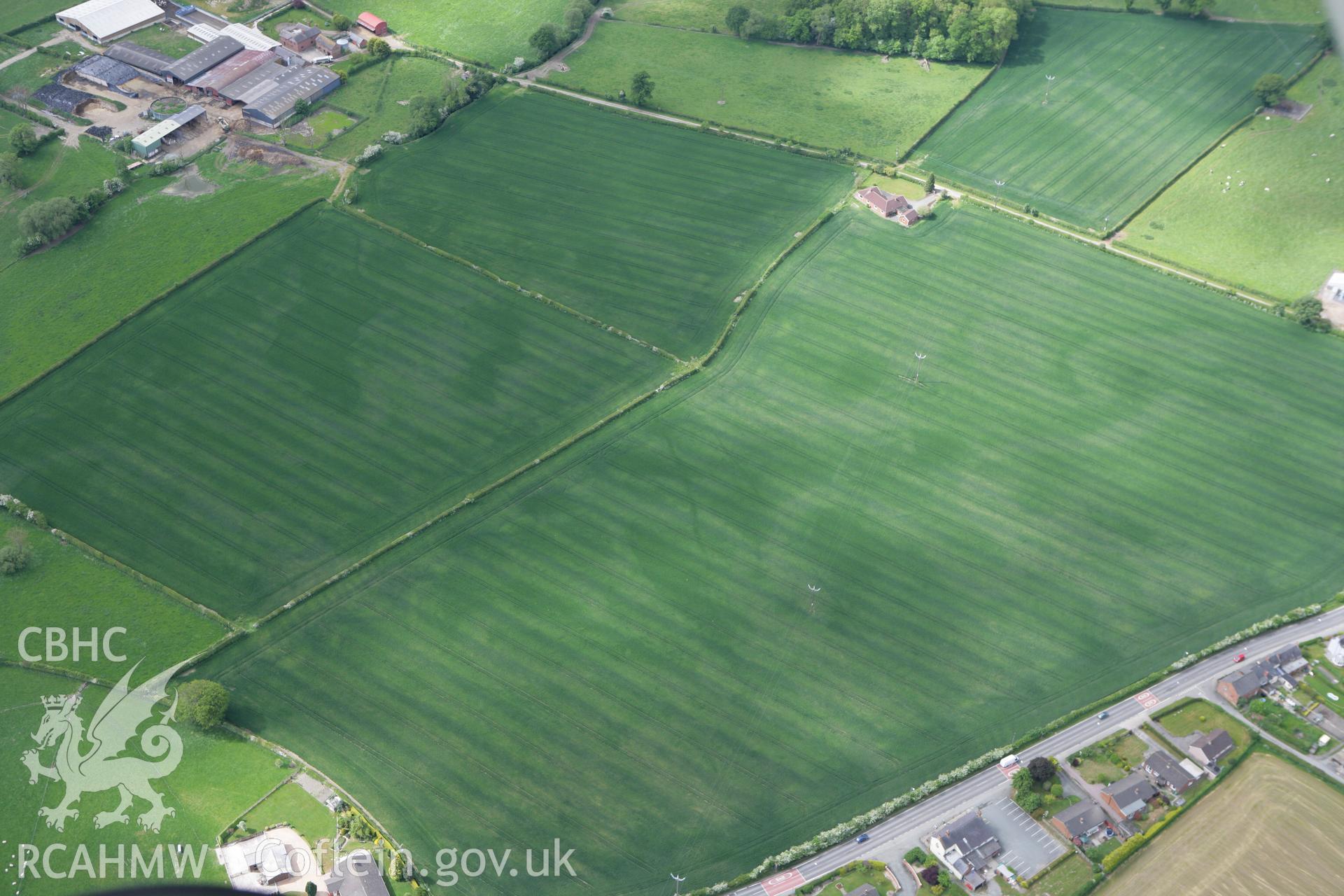 RCAHMW colour oblique photograph of site of cropmark at Llandrinio. Taken by Toby Driver on 27/05/2010.