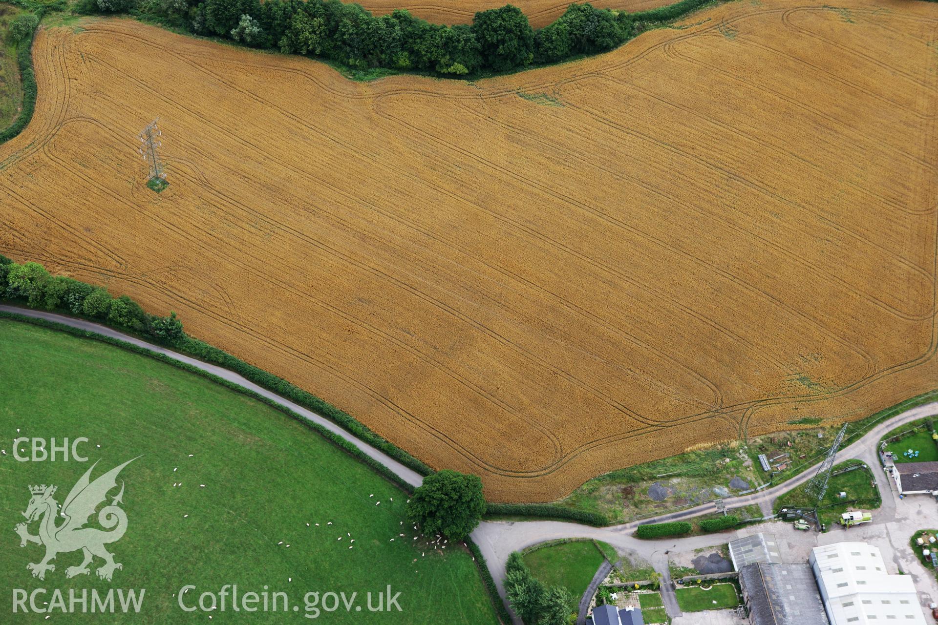 RCAHMW colour oblique photograph of rectangular cropmark enclosure, Pen-y-Parc Farm. Taken by Toby Driver on 29/07/2010.