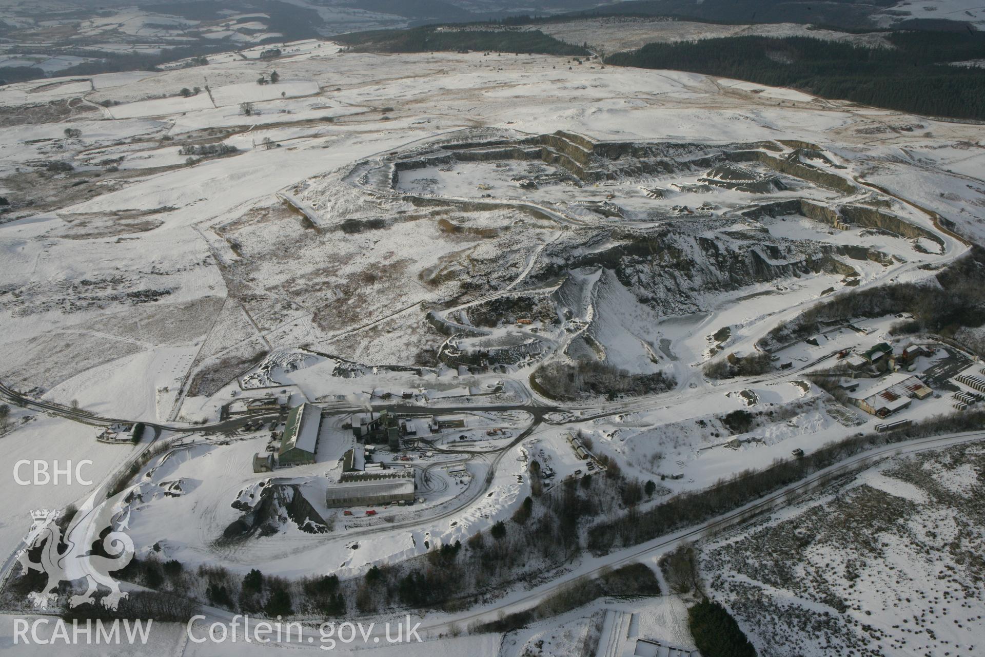 RCAHMW colour oblique photograph of Hendre Quarry, winter landscape. Taken by Toby Driver on 02/12/2010.