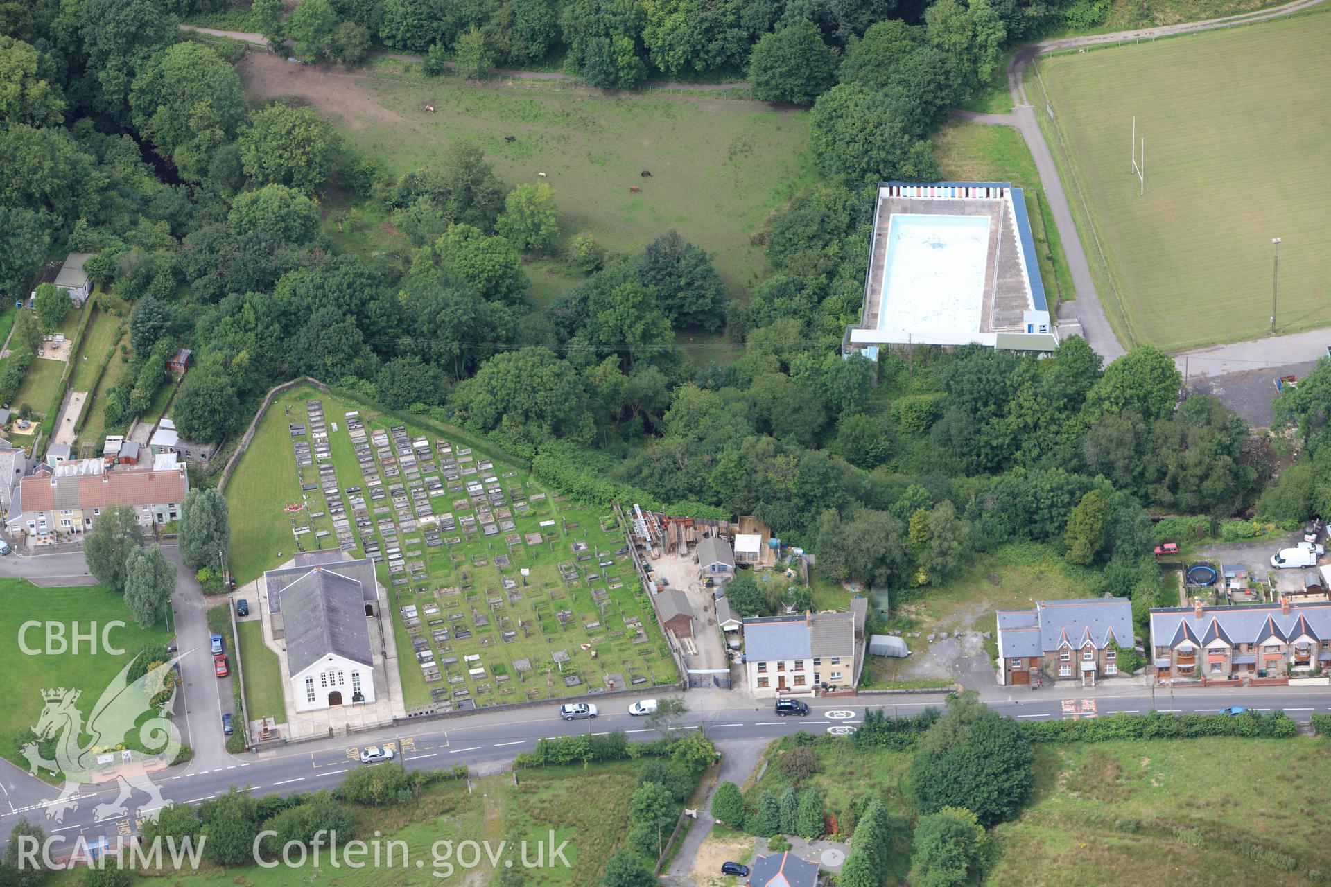 RCAHMW colour oblique photograph of Brynaman Lido. Taken by Toby Driver on 29/07/2010.
