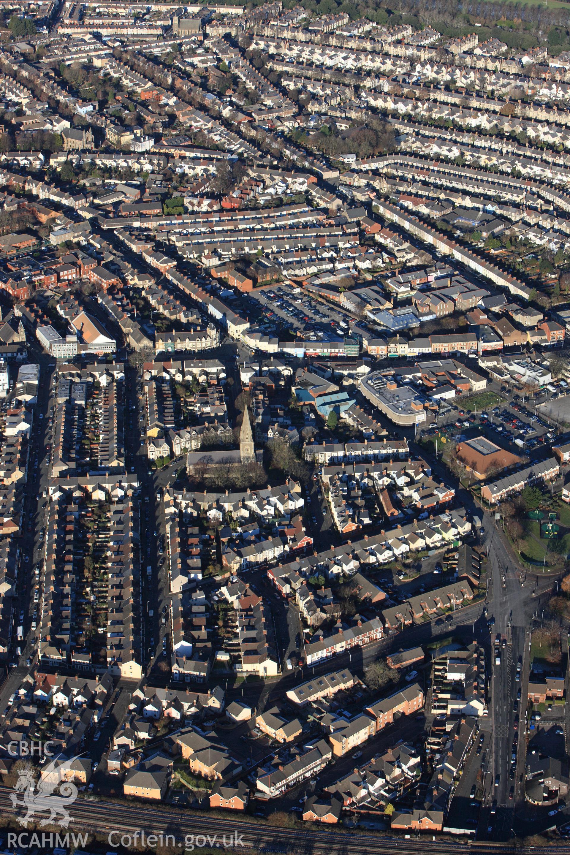 RCAHMW colour oblique photograph of Canton, Cardiff, landscape with St John's Church. Taken by Toby Driver on 08/12/2010.