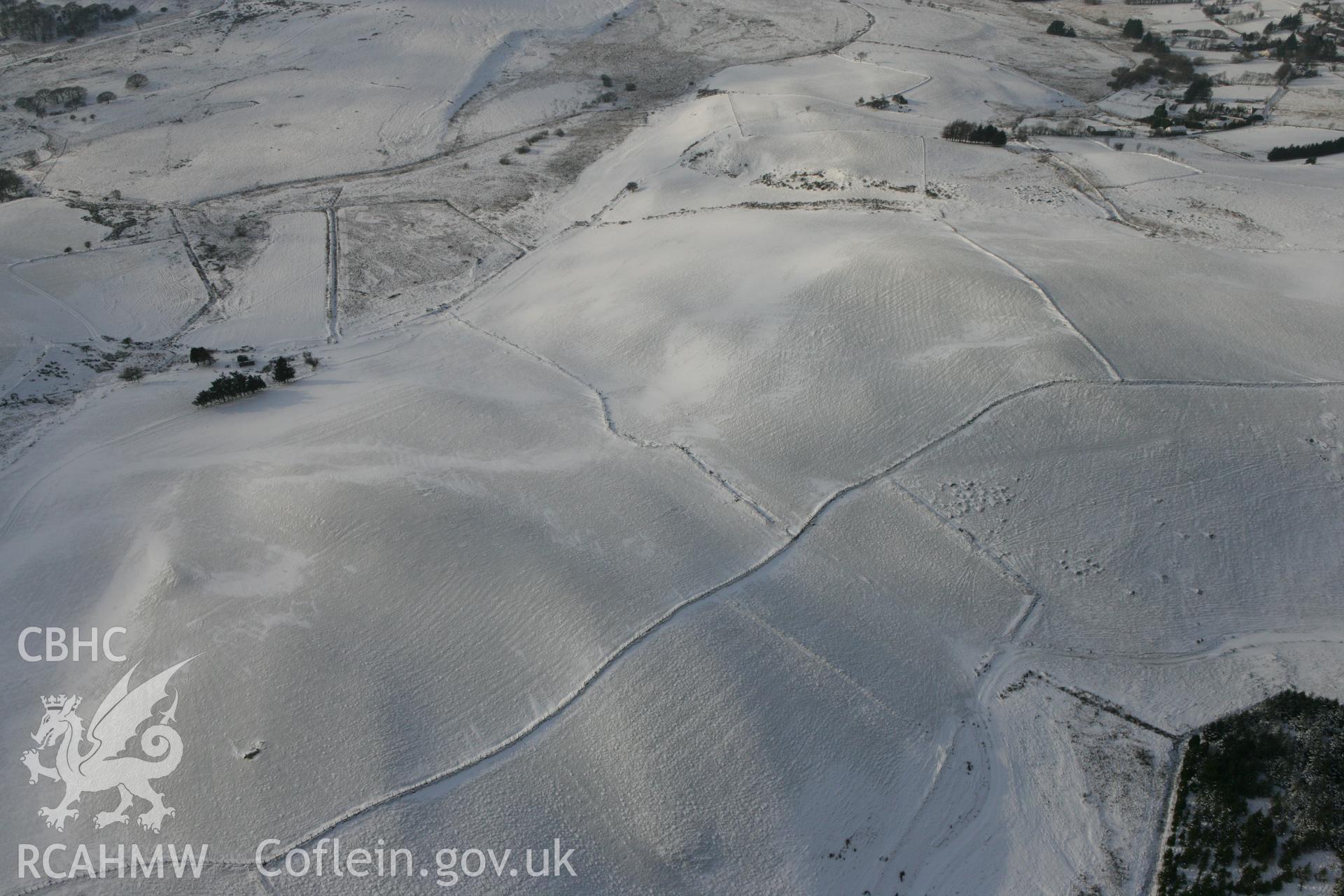 RCAHMW colour oblique photograph of Ridge and furrow near Gargoed farm, looking west. Taken by Toby Driver on 02/12/2010.