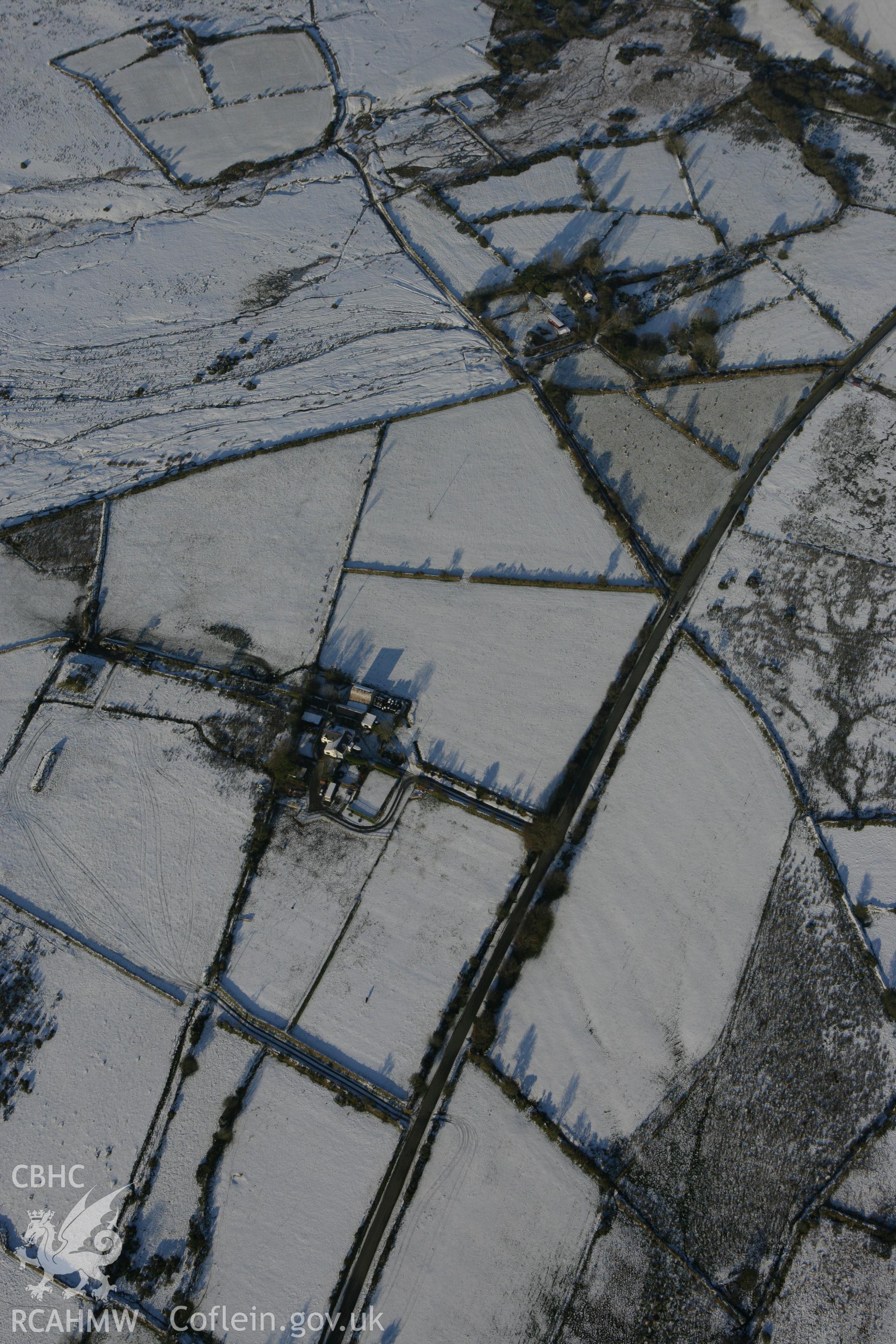 RCAHMW colour oblique photograph of Winter landscape south-west of Llainbanal, showing Mountain-Bach braided trackways, Foel Drygarn. Taken by Toby Driver on 01/12/2010.