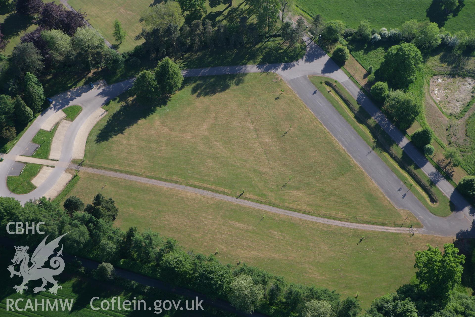 RCAHMW colour oblique photograph of cropmarks of garden feature, Dyffryn House. Taken by Toby Driver on 24/05/2010.
