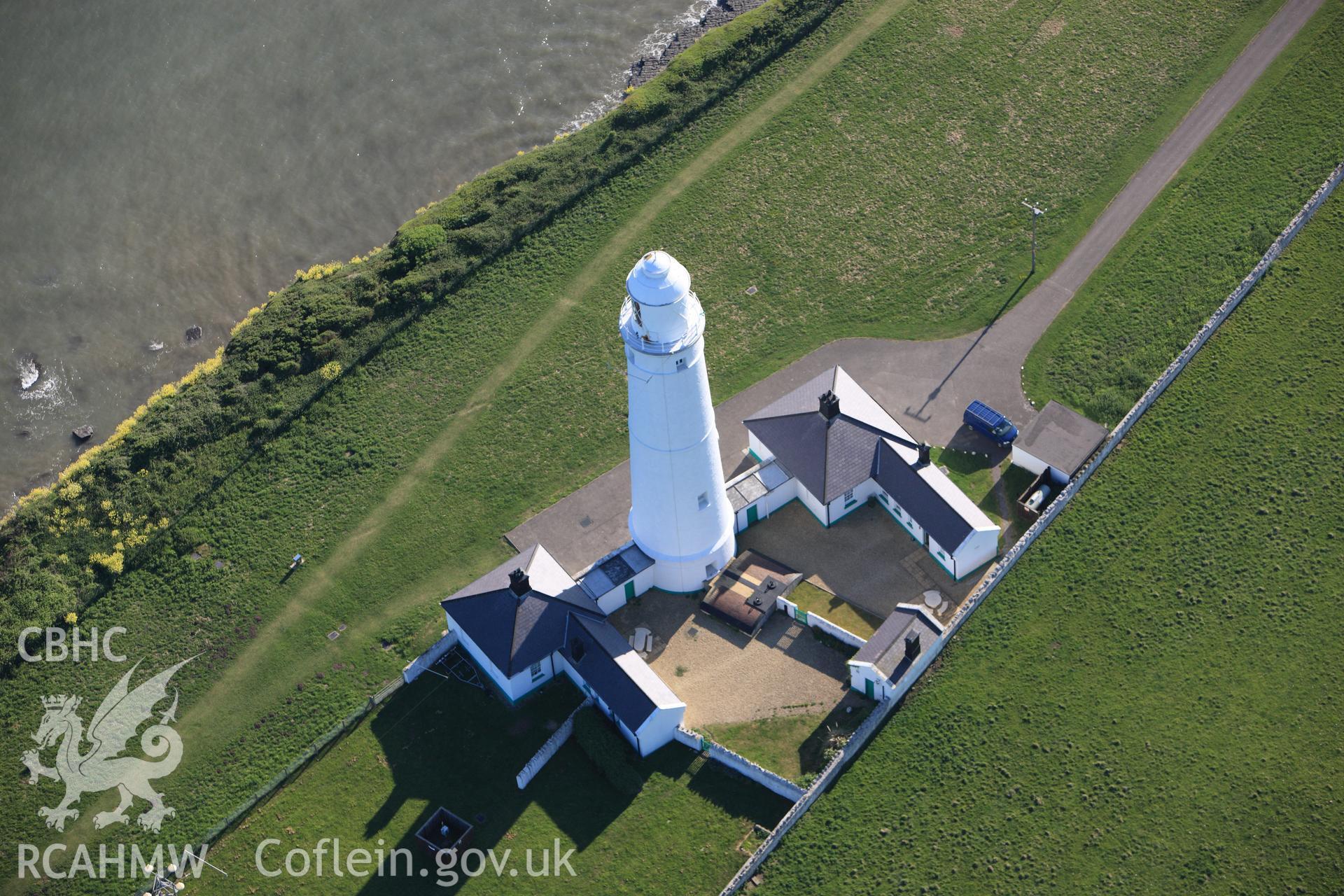RCAHMW colour oblique photograph of Nash Lighthouse, east tower. Taken by Toby Driver on 24/05/2010.