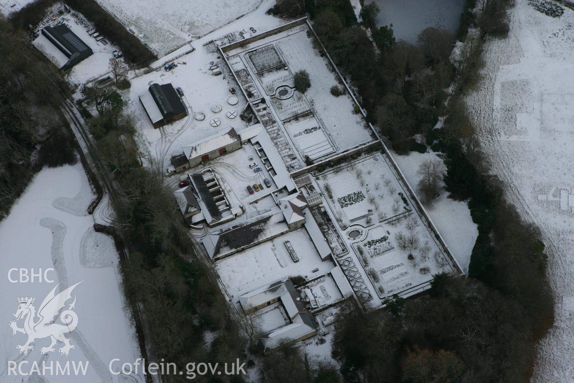 RCAHMW colour oblique photograph of walled garden at Llanerchaeron. Taken by Toby Driver on 02/12/2010.