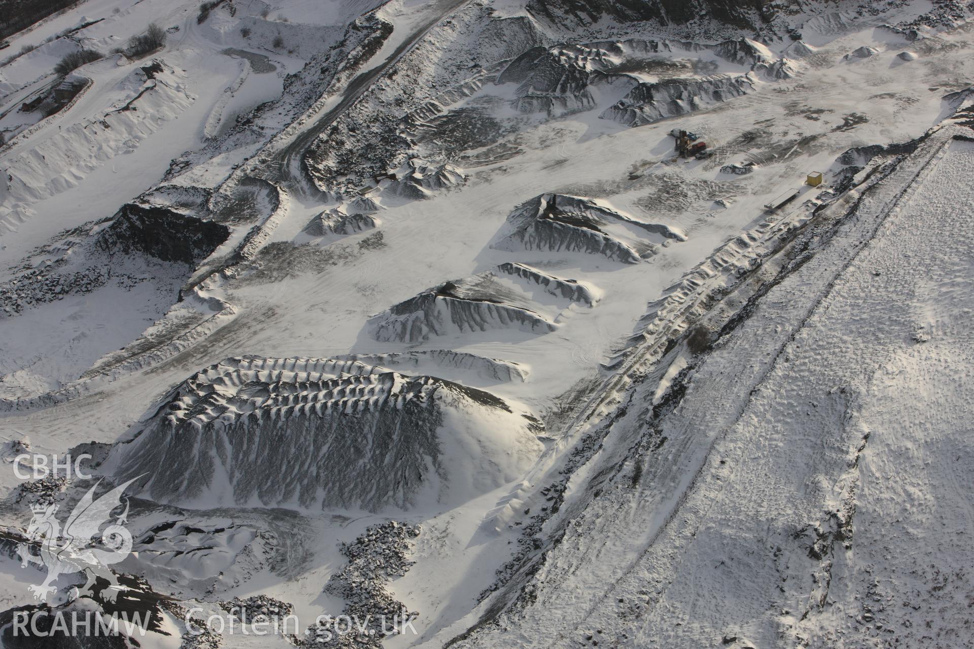 RCAHMW colour oblique photograph of Hendre Quarry, winter landscape. Taken by Toby Driver on 02/12/2010.