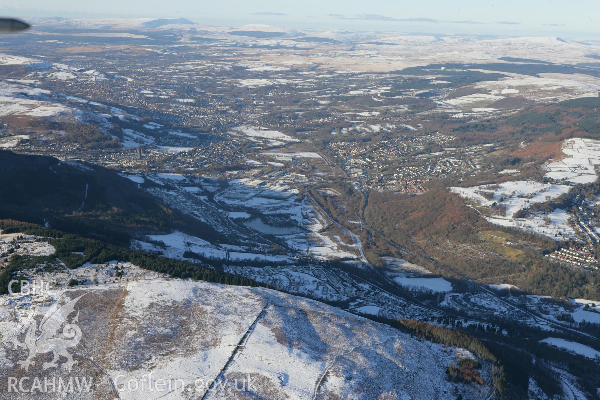 RCAHMW colour oblique photograph of Cwmbach landscape from the south, showing the Dyffryn colliery. Taken by Toby Driver on 08/12/2010.