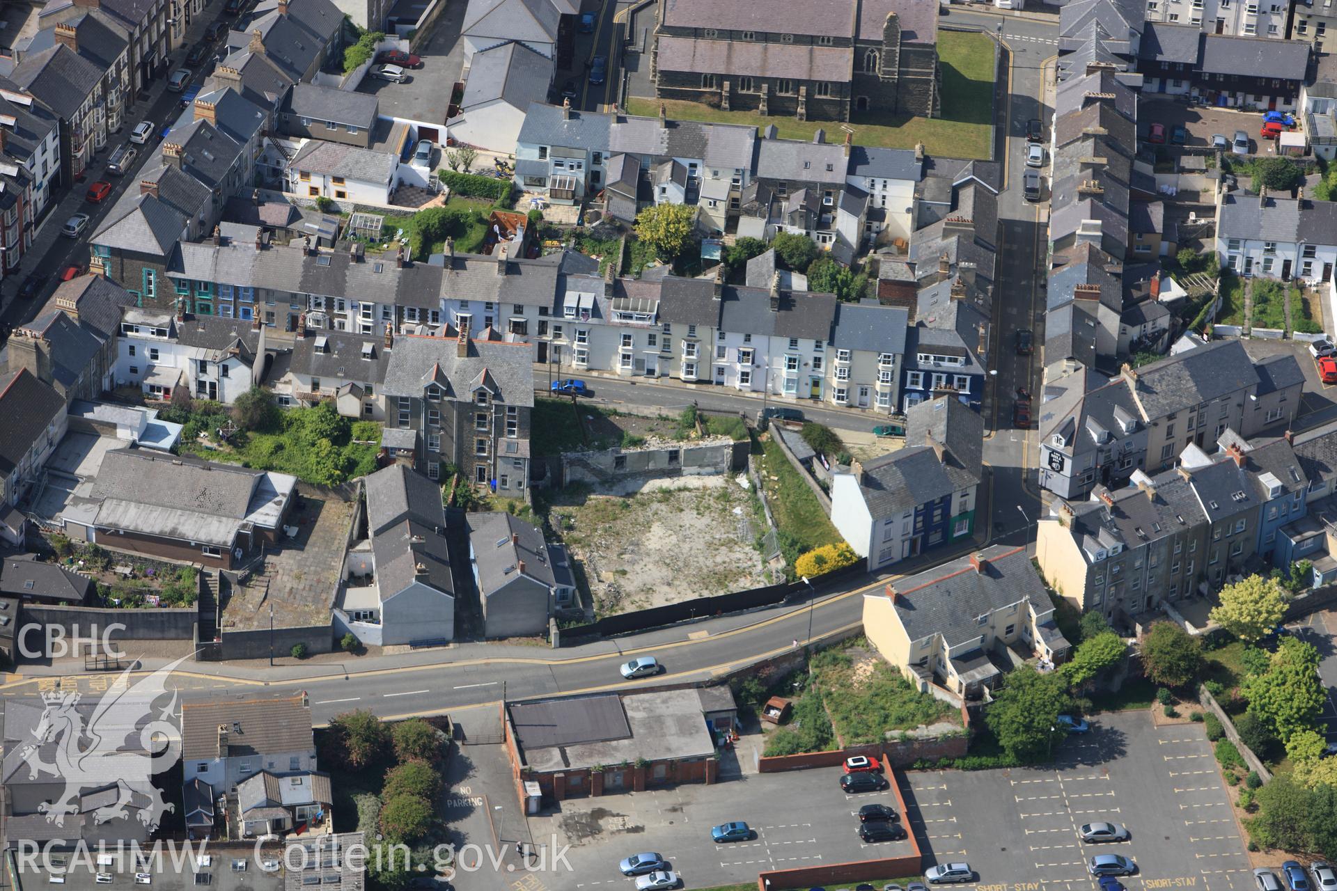 RCAHMW colour oblique photograph of Aberystwyth, site of Taberbacle Chapel, Mill Street. Taken by Toby Driver on 25/05/2010.