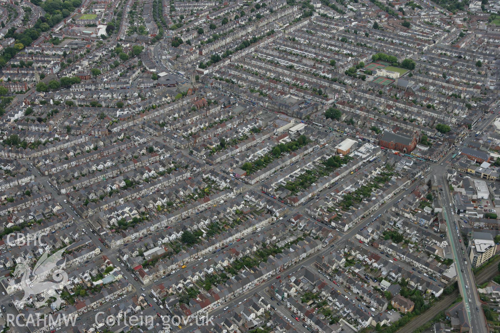 RCAHMW colour oblique photograph of housing in Roath, Cardiff, showing St. Martin's Church and Plas Newydd, from the north-west. Taken by Toby Driver on 29/07/2010.