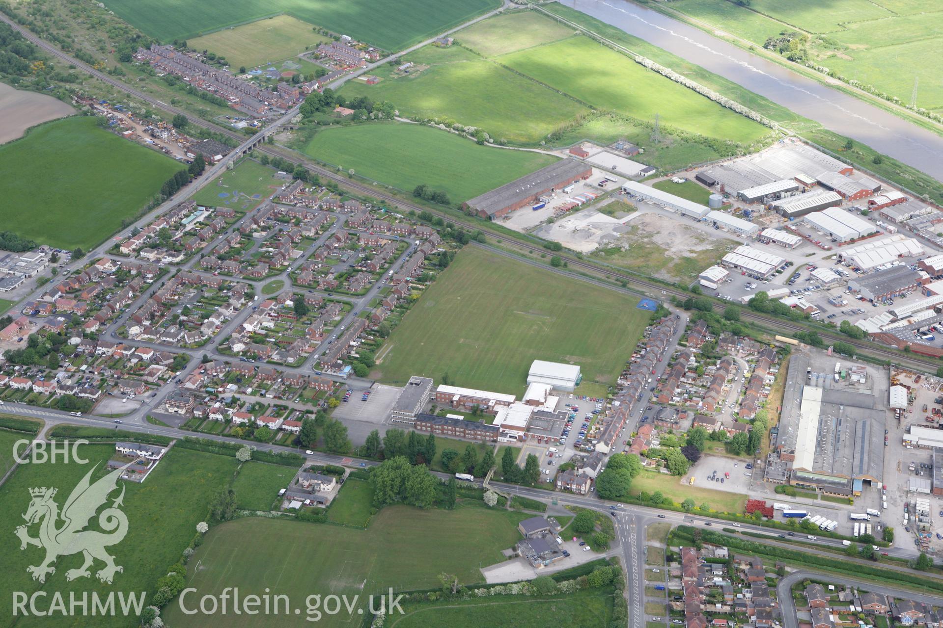 RCAHMW colour oblique photograph of Saltney town, looking west towards Hawarden Airport. Taken by Toby Driver on 27/05/2010.