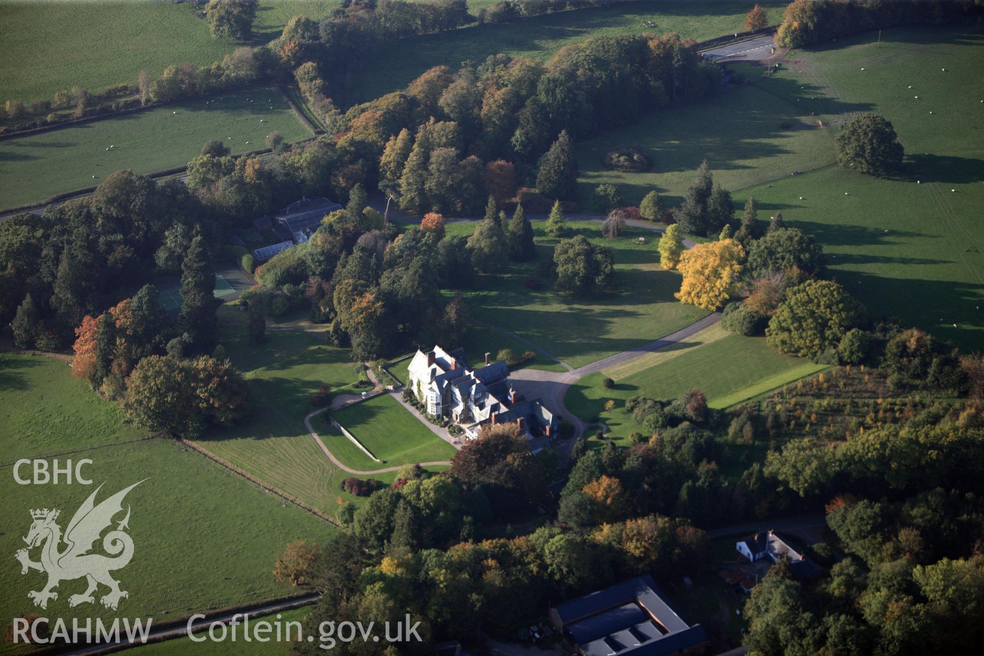 RCAHMW colour oblique photograph of Plas Dinam (Penybryn), Llandinam. Taken by Toby Driver on 13/10/2010.