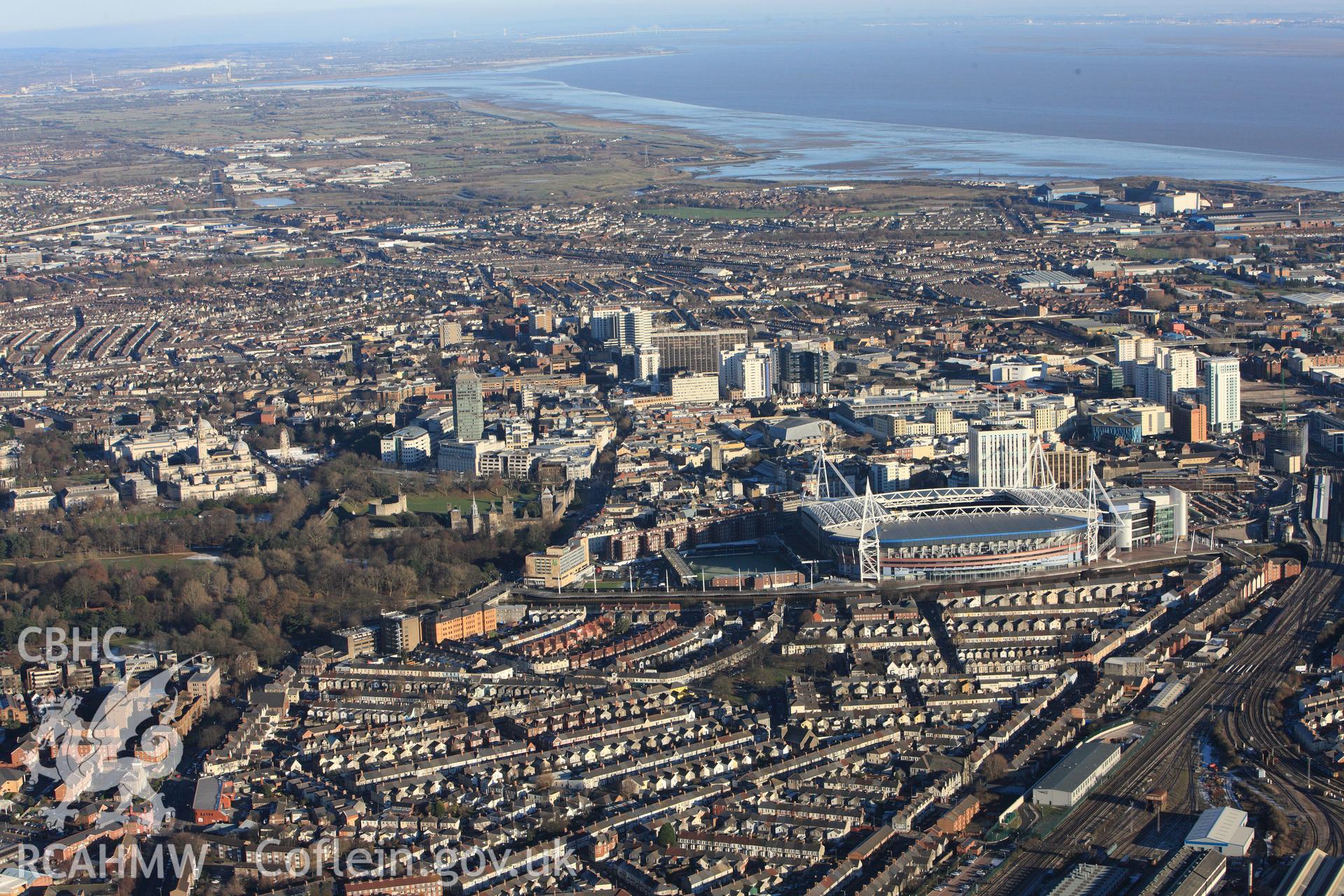 RCAHMW colour oblique photograph of Cardiff city centre, showing the Millenium Stadium. Taken by Toby Driver on 08/12/2010.