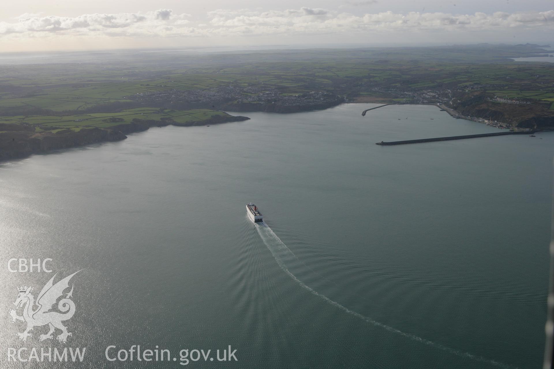 RCAHMW colour oblique photograph of ferry heading towards Fishguard Harbour. Taken by Toby Driver on 16/11/2010.