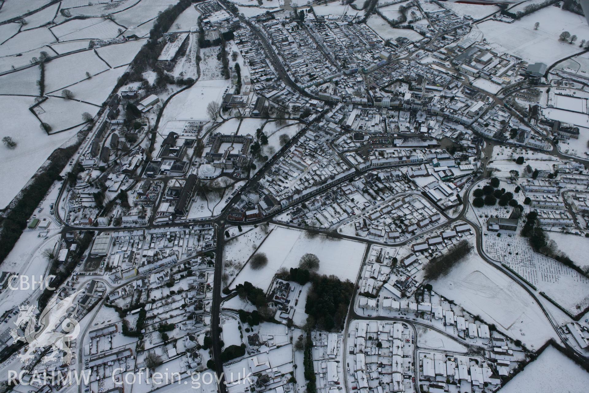 RCAHMW colour oblique photograph of Lampeter, townscape under snow. Taken by Toby Driver on 02/12/2010.