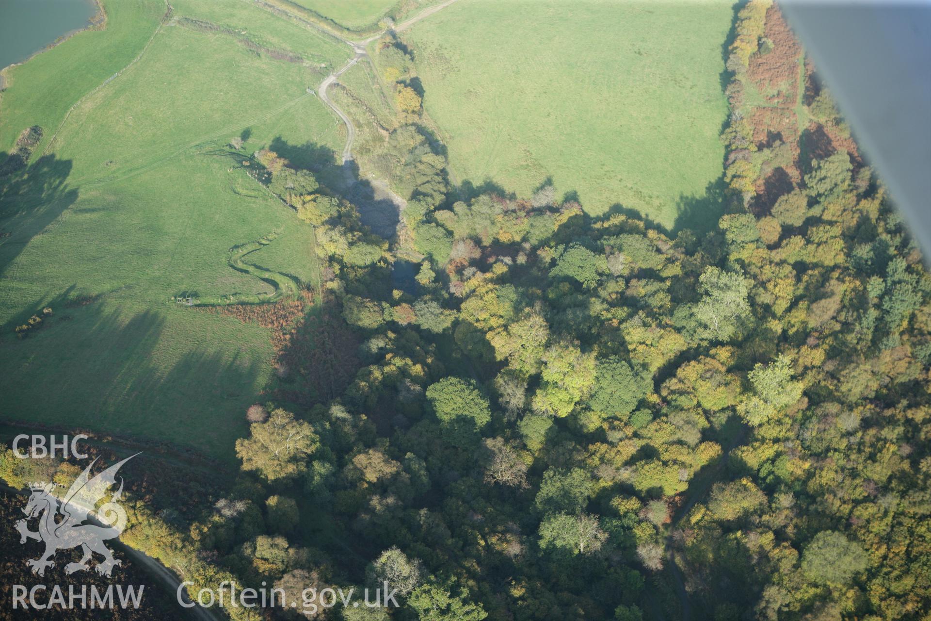 RCAHMW colour oblique photograph of Fforest Wood Castle. Taken by Toby Driver on 13/10/2010.