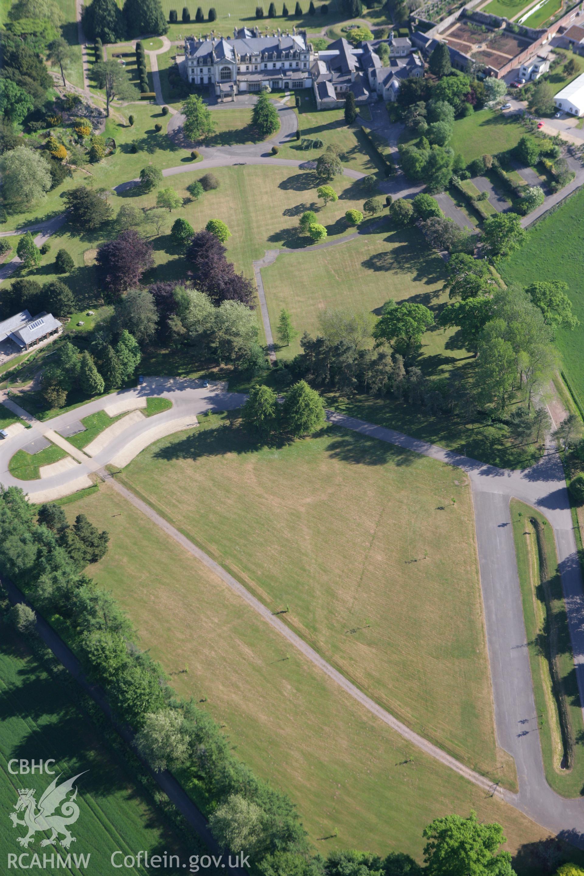 RCAHMW colour oblique photograph of cropmarks of garden feature, Dyffryn House. Taken by Toby Driver on 24/05/2010.