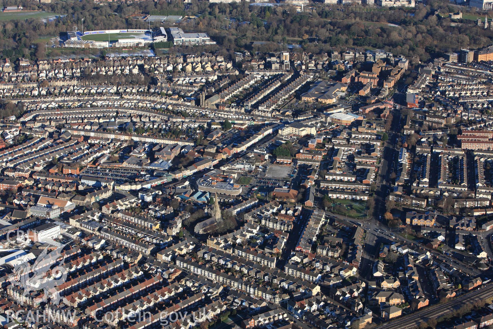 RCAHMW colour oblique photograph of Canton, Cardiff, landscape with St John's Church. Taken by Toby Driver on 08/12/2010.