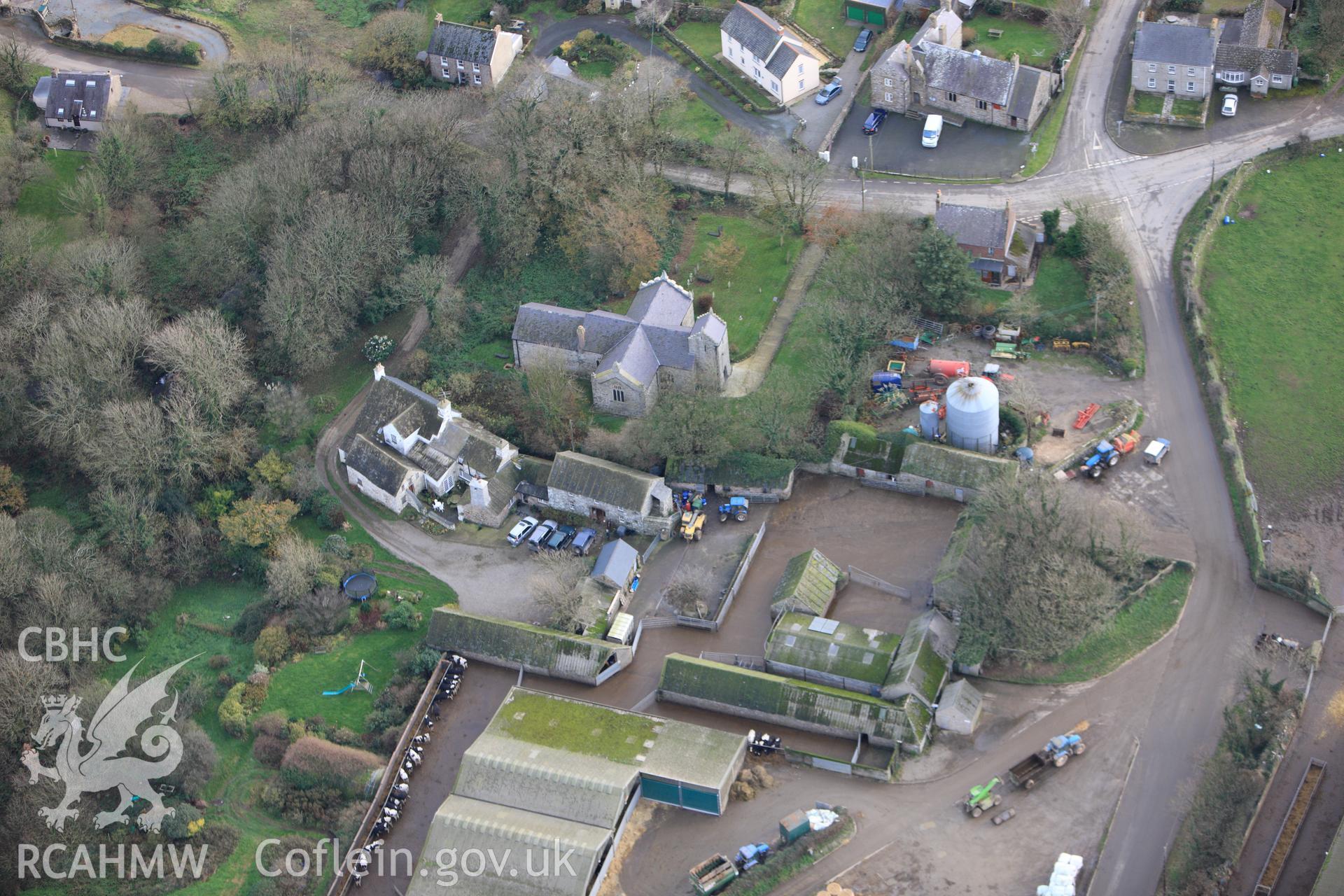RCAHMW colour oblique photograph of Church of St. Rhian, Llanrhain. Taken by Toby Driver on 16/11/2010.