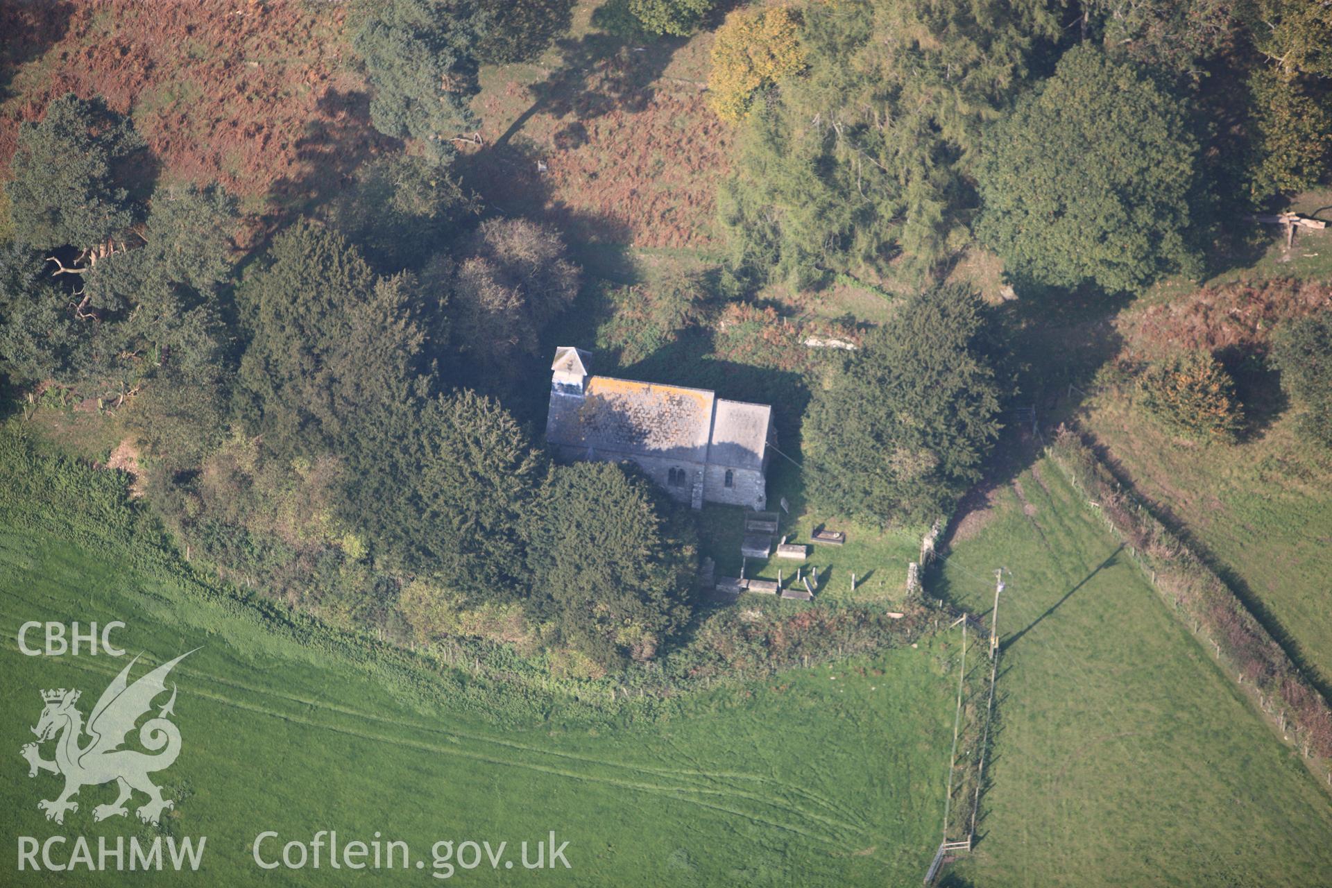 RCAHMW colour oblique photograph of Church of St David, Llanddewi Fach. Taken by Toby Driver on 13/10/2010.