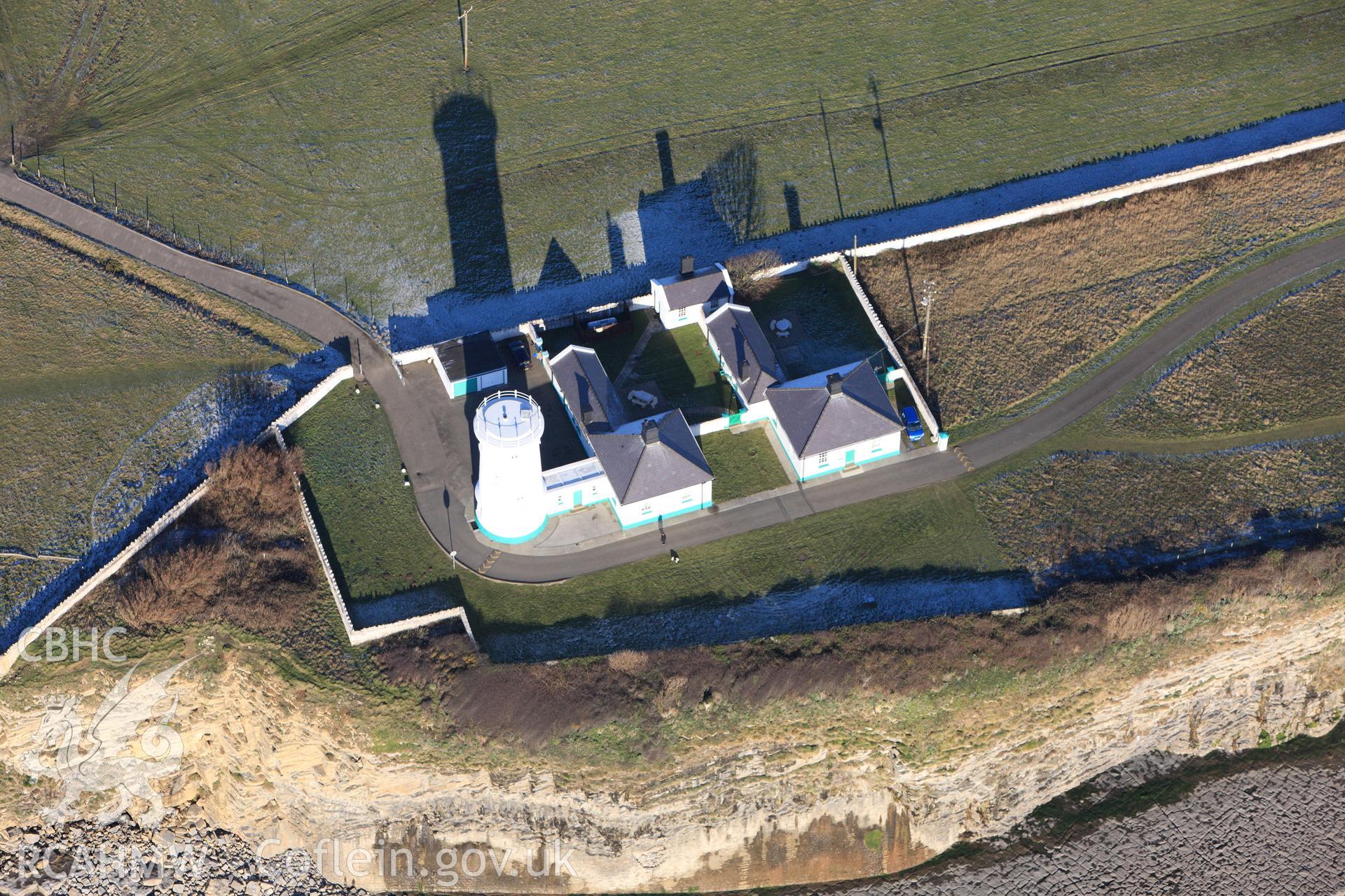 RCAHMW colour oblique photograph of Nash point lighthouse, west tower. Taken by Toby Driver on 08/12/2010.