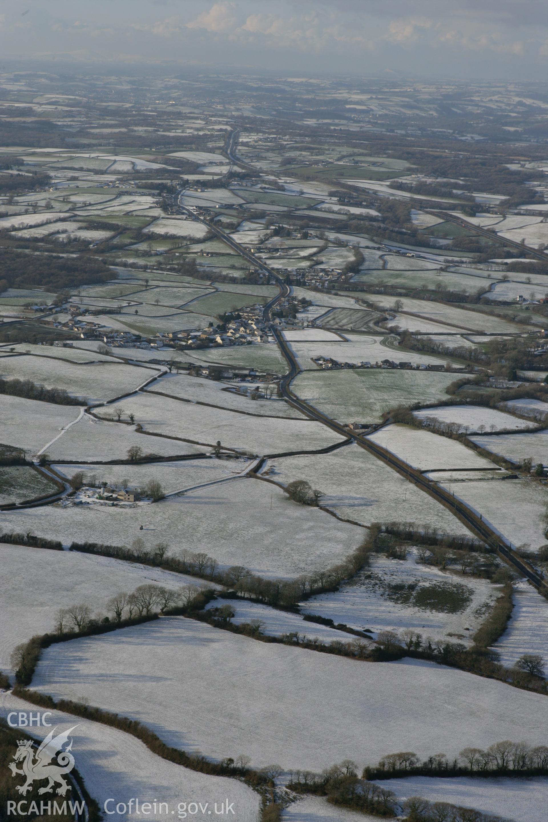 RCAHMW colour oblique photograph of Porthyrhyd, winter landscape from the south-east. Taken by Toby Driver on 01/12/2010.