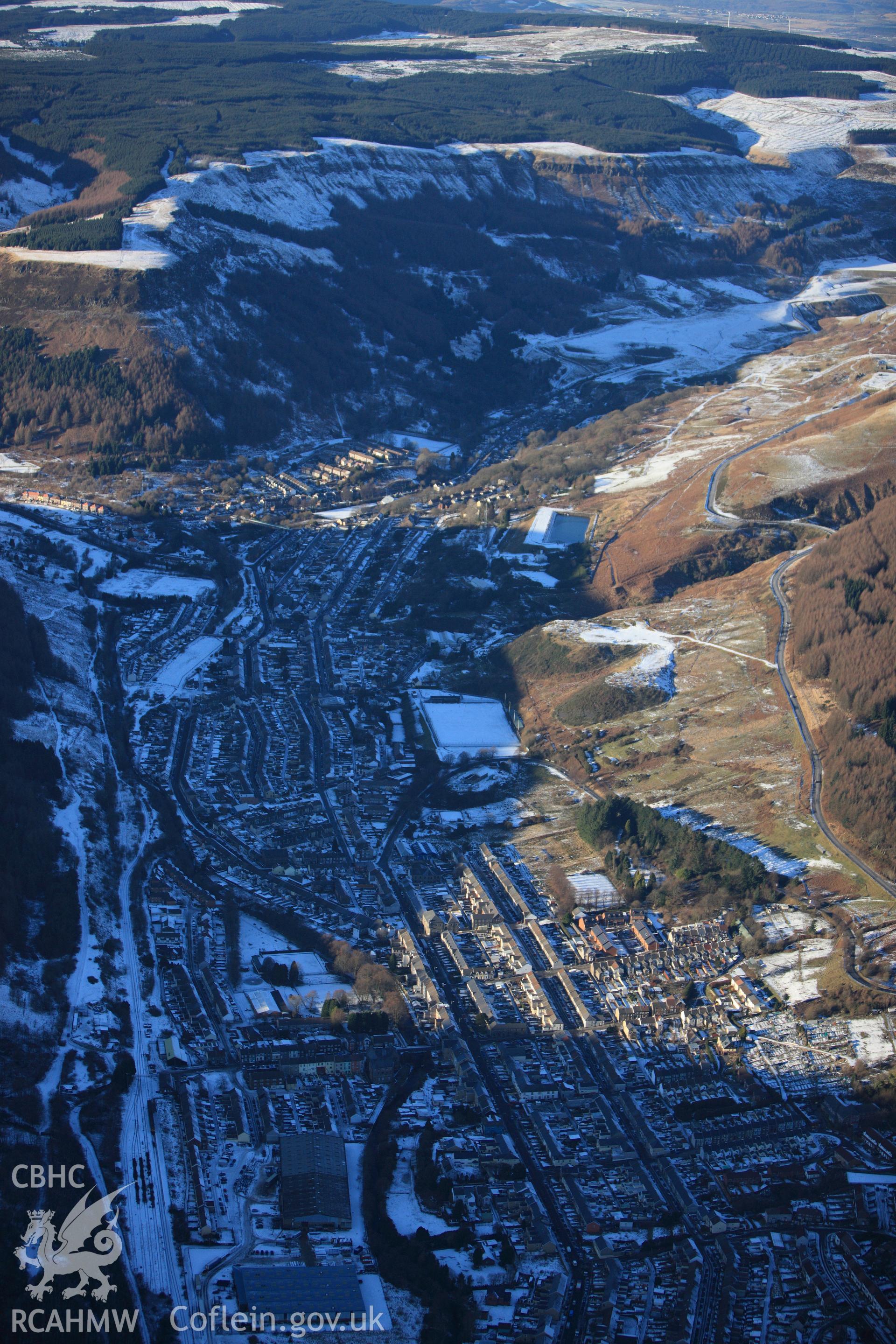 RCAHMW colour oblique photograph of Rhondda Fawr, looking north-west showing the Rhondda Merthyr Colliery. Taken by Toby Driver on 08/12/2010.