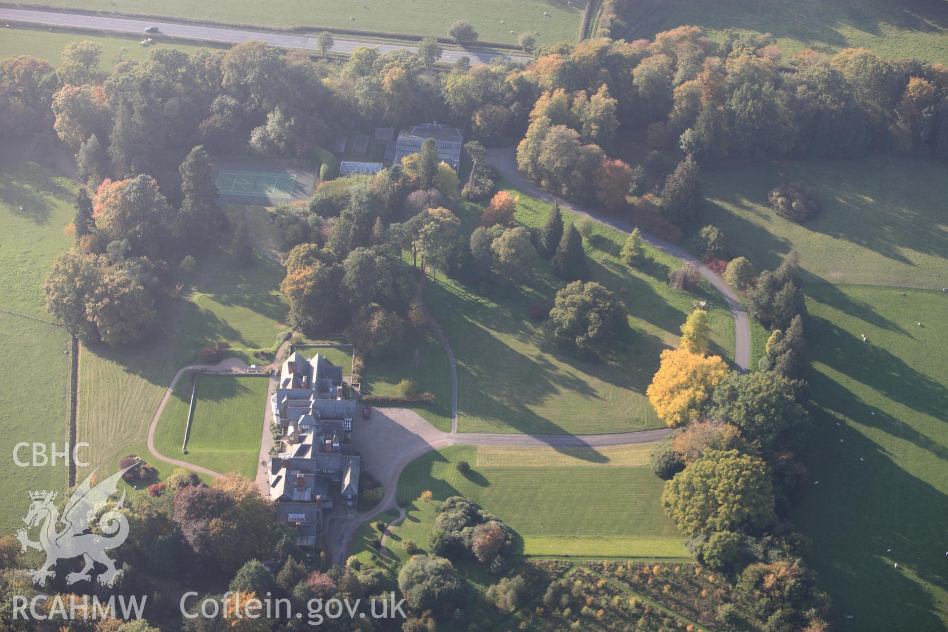 RCAHMW colour oblique photograph of Plas Dinam (Penybryn), Llandinam. Taken by Toby Driver on 13/10/2010.