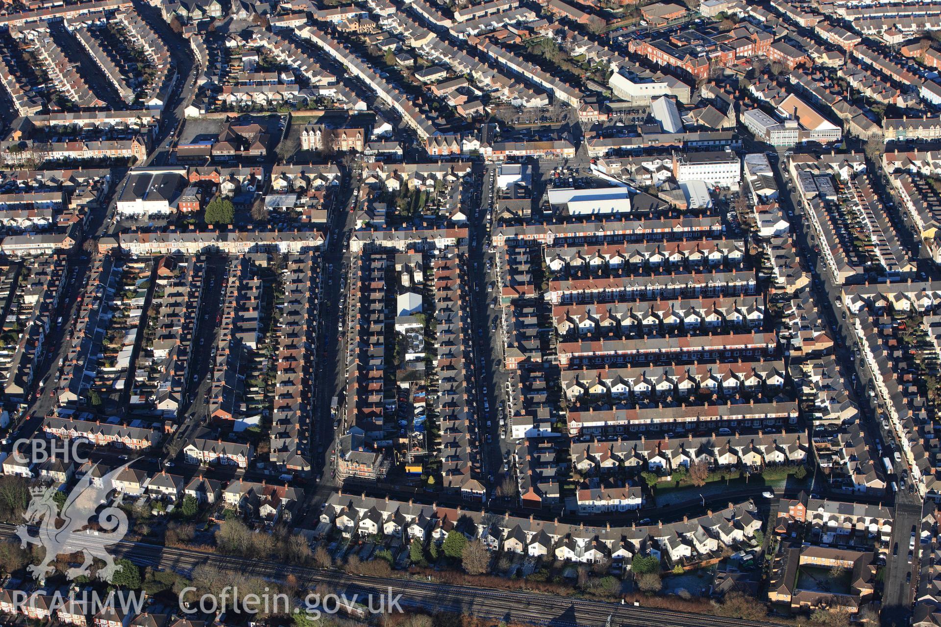 RCAHMW colour oblique photograph of Canton housing, Cardiff, landscape with New Trinity English Independent chapel. Taken by Toby Driver on 08/12/2010.