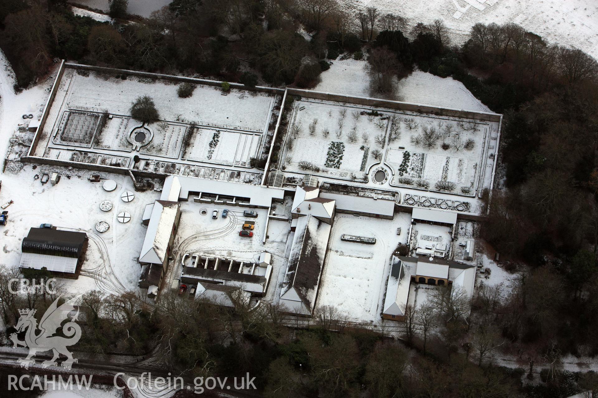 RCAHMW colour oblique aerial photograph of Llanerchaeron under snow, by Toby Driver, 02/12/2010.