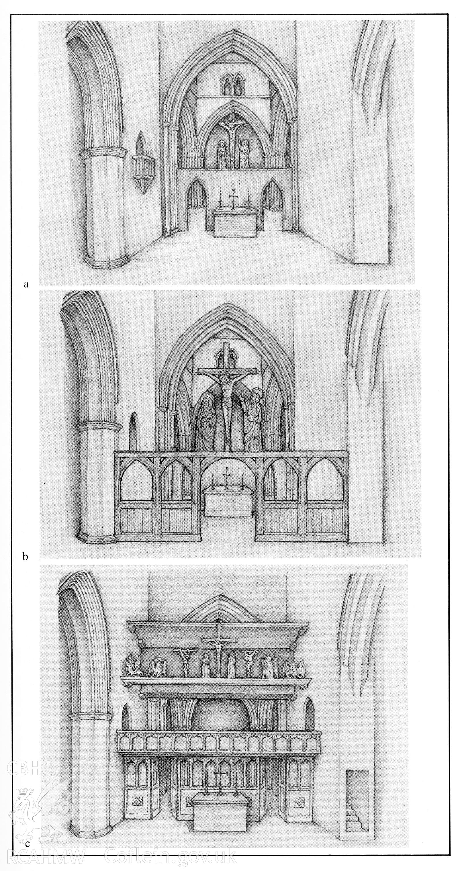 Drawing by Jane Durrant: reconstruction of the development of the rood-screen and loft at the Priory Church, Brecon. Scan from RCAHMW, The Cathedral Church of St John the Evangelist, Brecon (1994), fig. 19.  Scan by Y Lolfa 2020. Featured in 'Temlau Peintiedig: Murluniau a Chroglenni yn Eglwysi Cymru, 1200–1800 / Painted Temples: Wallpaintings and Rood-screens in Welsh Churches, 1200–1800' Figure 2.25