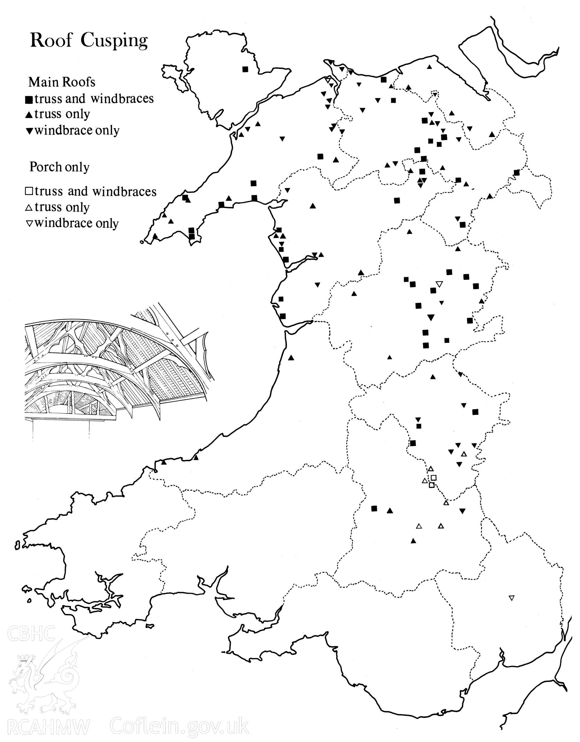 Map (no 55) of Wales showing the distribution of buildings featuring roof cusping, adapted from Peter Smith's Houses of the Welsh Countryside (London, 1988), with the addition of Llandeilo Taly-y-bont. As published in the RCAHMW volume, 'Temlau Peintiedig: Murluniau a Chroglenni yn Eglwysi Cymru, 1200–1800 / Painted Temples: Wallpaintings and Rood-screens in Welsh Churches, 1200–1800', figure 1.4, p. 7
