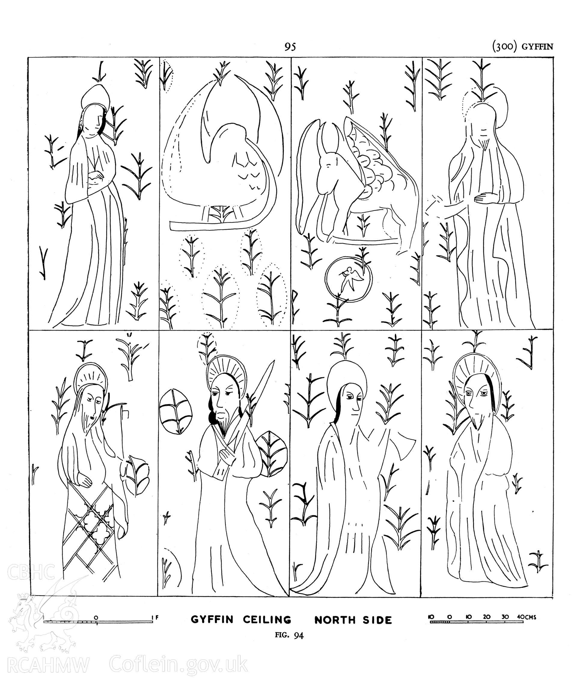 Record drawing of the painted figures on the canopy at Y Gyffin. Scan by Y Lolfa of RCAHMW, Caernarvonshire Inventory, Vol. I, figs 94 & 95. Original drawing not scanned. As published in 'Temlau Peintiedig: Murluniau a Chroglenni yn Eglwysi Cymru, 1200–1800 / Painted Temples: Wallpaintings and Rood-screens in Welsh Churches, 1200–1800.' Figure 3.31a, page 115.