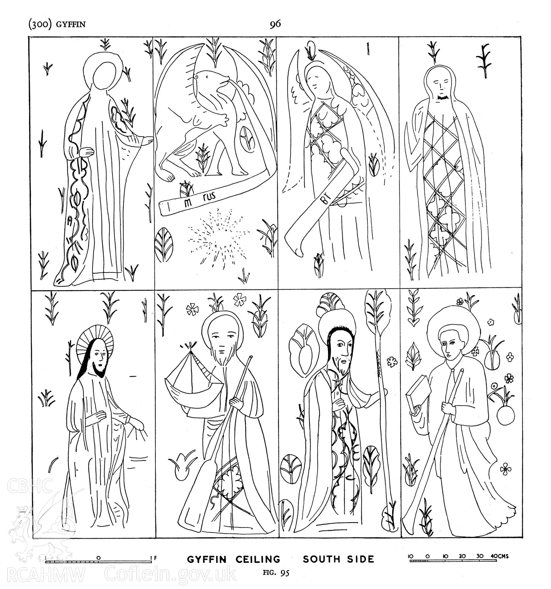 Record drawing of the painted figures on the canopy at Y Gyffin. Scan by Y Lolfa of RCAHMW, Caernarvonshire Inventory, Vol. I, figs 94 & 95. Original drawing not scanned. As published in 'Temlau Peintiedig: Murluniau a Chroglenni yn Eglwysi Cymru, 1200–1800 / Painted Temples: Wallpaintings and Rood-screens in Welsh Churches, 1200–1800.' Figure 3.31b, page 115.