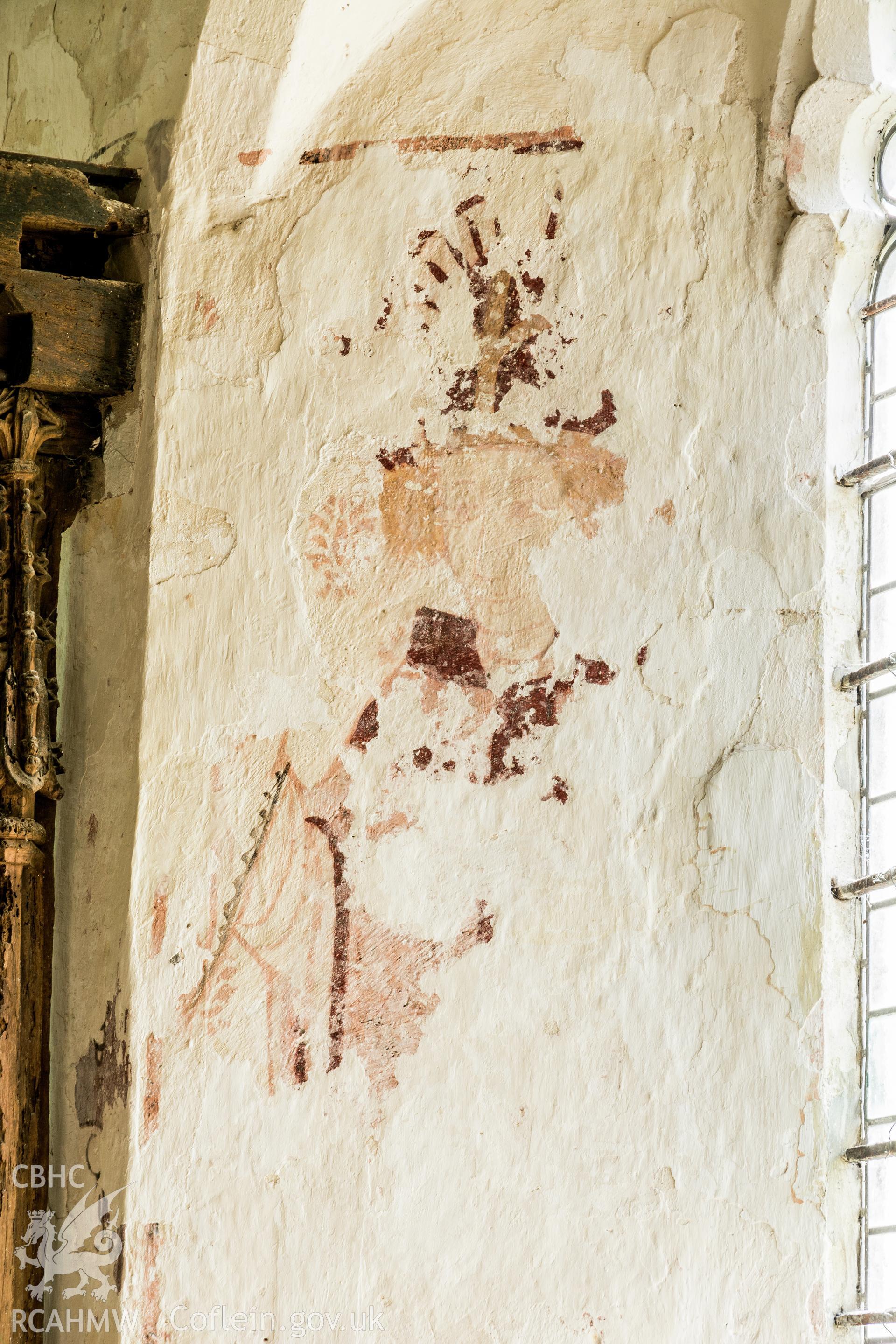 Wallpainting on window splay awaiting conservation at Cadoc’s Church,Llancarfan. RCAHMW photograph by Martin Crampin, 30 April 2021. As published in the RCAHMW volume, 'Temlau Peintiedig: Murluniau a Chroglenni yn Eglwysi Cymru, 1200–1800 / Painted Temples: Wallpaintings and Rood-screens in Welsh Churches, 1200–1800.' Figure 4.5a, page 153.