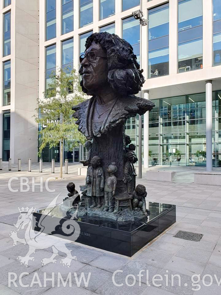 Digital colour photograph showing front and side elevation of the Betty Campbell statue in Central Square, Cardiff. Photographed by Gwilym Cooke in October 2021