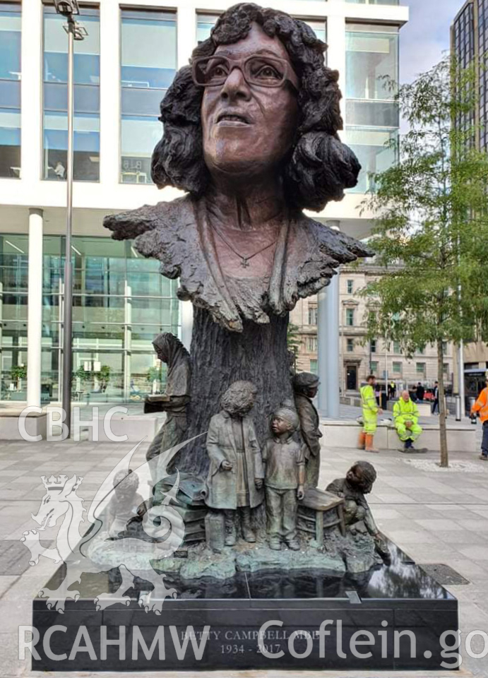 Digital colour photograph showing a general view of the front elevation of the Betty Campbell statue in Central Square, Cardiff. Photographed by Gwilym Cooke in October 2021