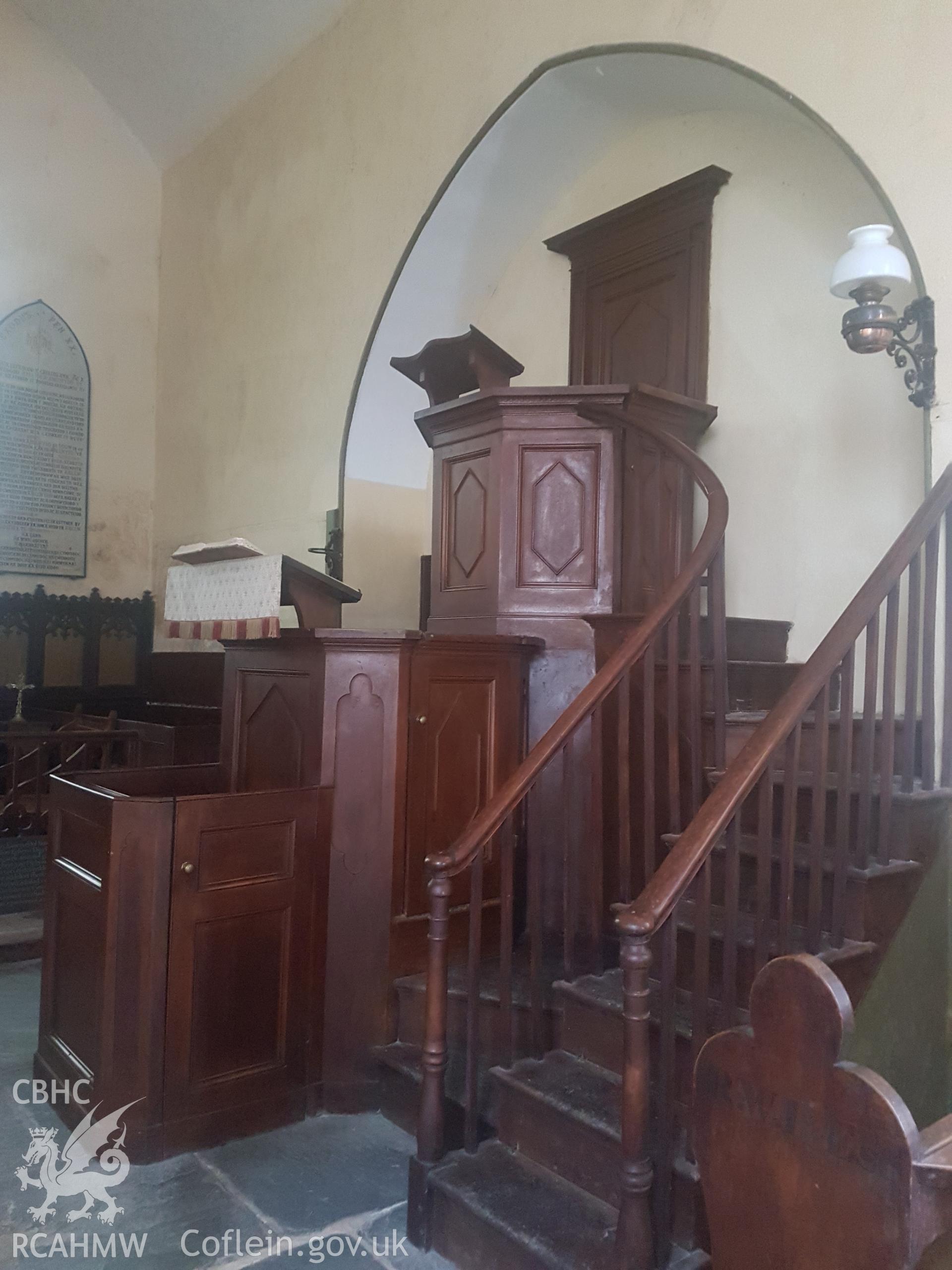 Three-decker pulpit, St Cynhaiarn church. Photographed by Helen Rowe of RCAHMW on 10th October 2020.