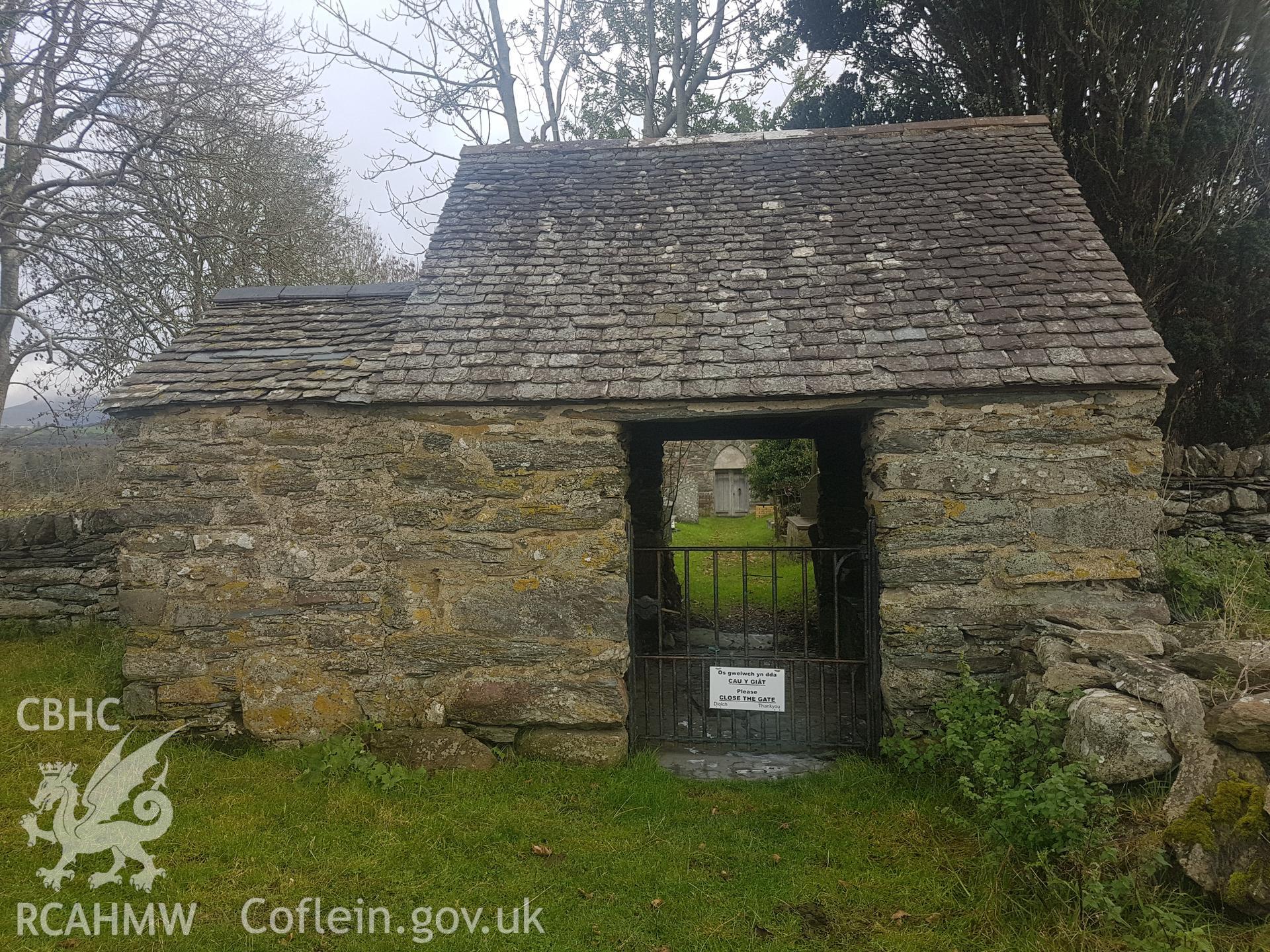 Lychgate at St Cynhaiarn church. Photographed by Helen Rowe of RCAHMW on 10th October 2020.