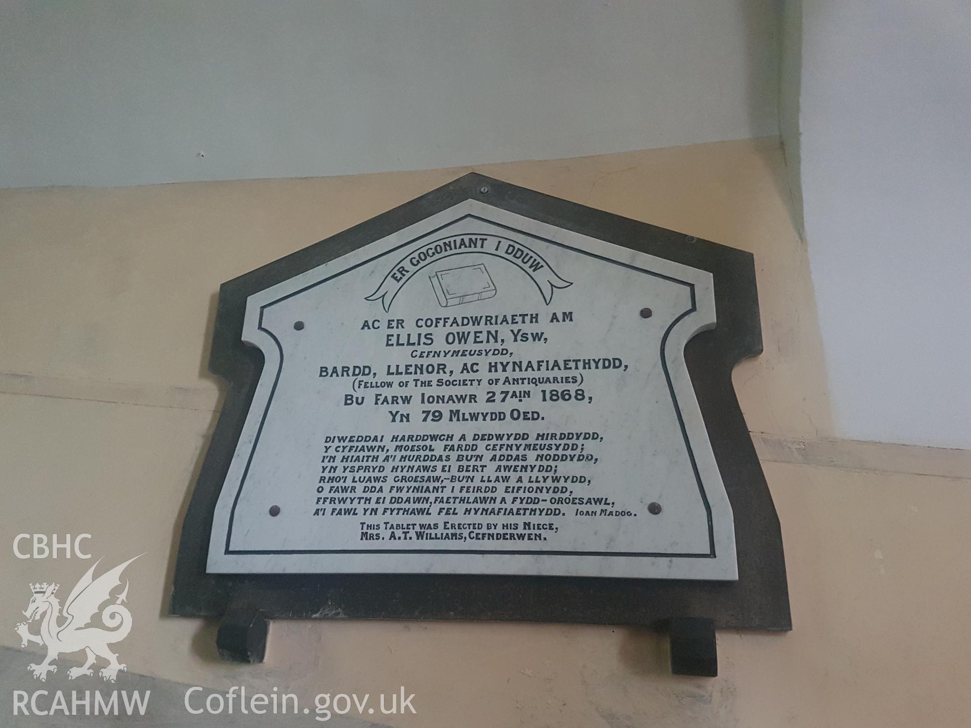 Memorial to Ellis Owen, bard, St Cynhaiarn church. Photographed by Helen Rowe of RCAHMW on 10th October 2020.