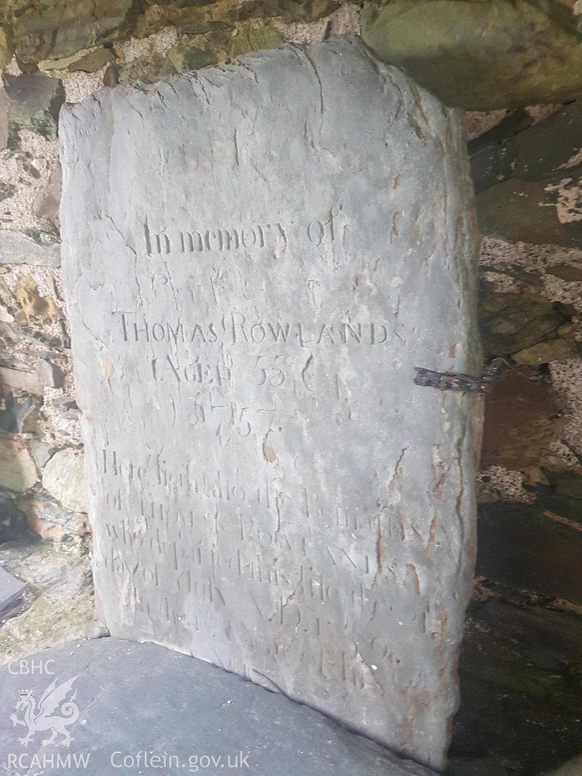 Gravestone in lychgate dated 1757 of Thomas Rowlands. Photographed by Helen Rowe of RCAHMW on 10th October 2020.