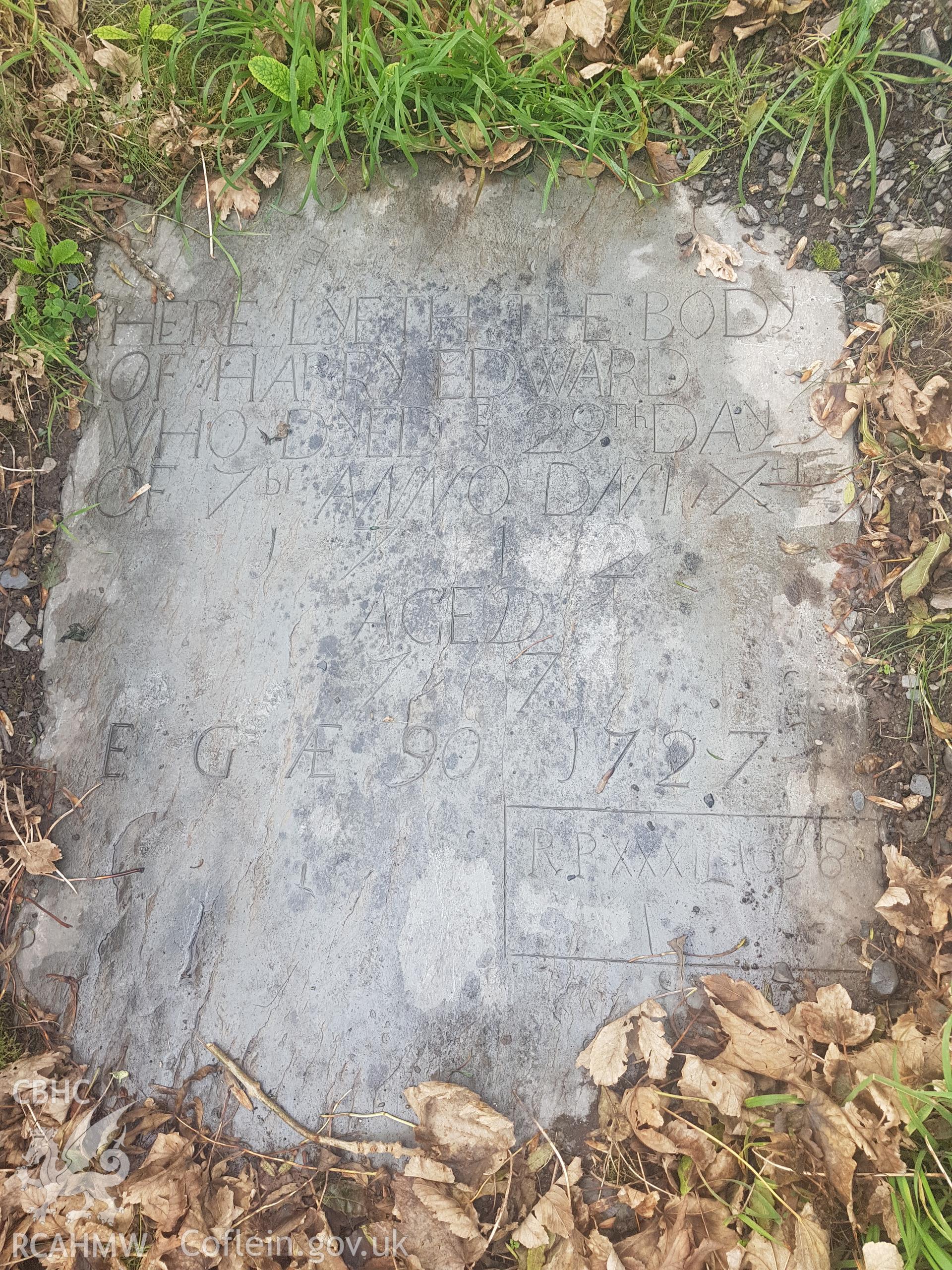 Gravestone dated 1712 of Harry Edwards. Photographed by Helen Rowe of RCAHMW on 10th October 2020.