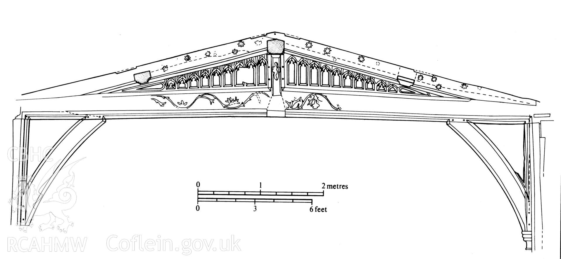 Chancel roof-truss at Brecon Cathedral. Original drawing not scanned. Scan by Y Lolfa of RCAHMW, The Cathedral Church of St John the Evangelist, Brecon (1994), fig. 23.
As published in the RCAHMW volume, 'Temlau Peintiedig: Murluniau a Chroglenni yn Eglwysi Cymru, 1200–1800 / Painted Temples: Wallpaintings and Rood-screens in Welsh Churches, 1200–1800.' Figure 3.38(b) , page 121.