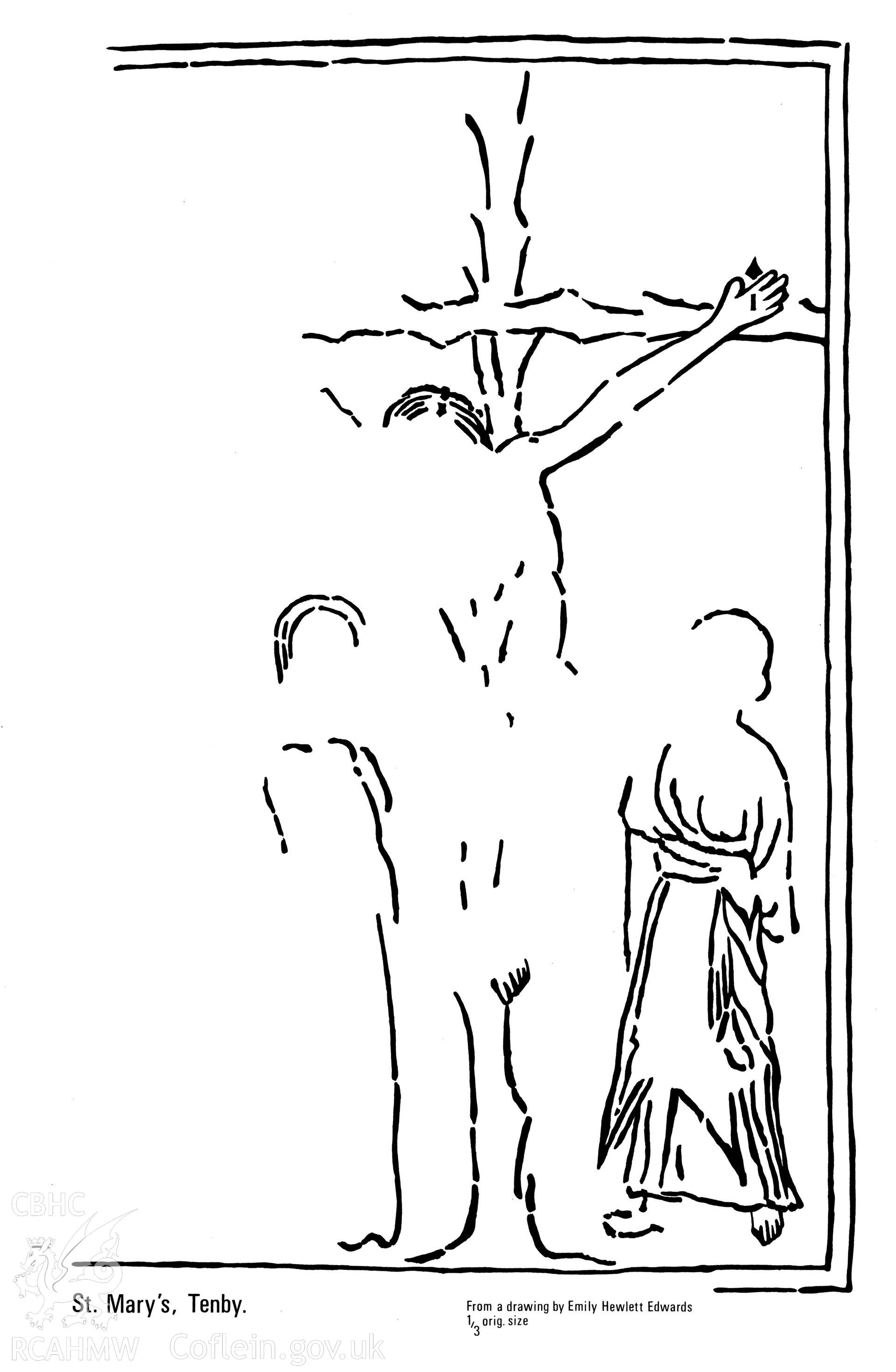 Wallpainting of the Crucifixion at St Mary’s Church, Tenby. Image redrawn by Dylan Roberts RCAHMW from the Church Book of St. Mary the Virgin, Tenby.  Original drawing not scanned. Scan of project print by Y Lolfa 2020. As published in the RCAHMW volume, 'Temlau Peintiedig: Murluniau a Chroglenni yn Eglwysi Cymru, 1200–1800 / Painted Temples: Wallpaintings and Rood-screens in Welsh Churches, 1200–1800.' Figure 3.45, page 126.