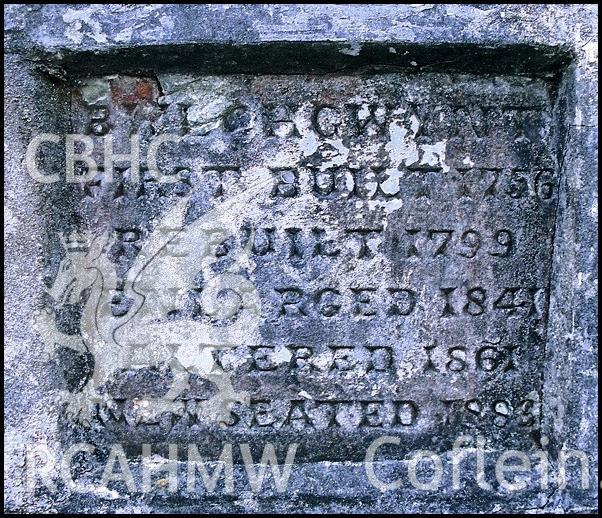 Bwlchgwynt chapel wall plaque photographed by Keith Bown in 1997.
BWLCHGWYN CHAPEL / FIRST BUILT 1756 / REBUILT 1799 / ENLARGED 1841 / ALTERED 1861 / NEW SEATED 1883