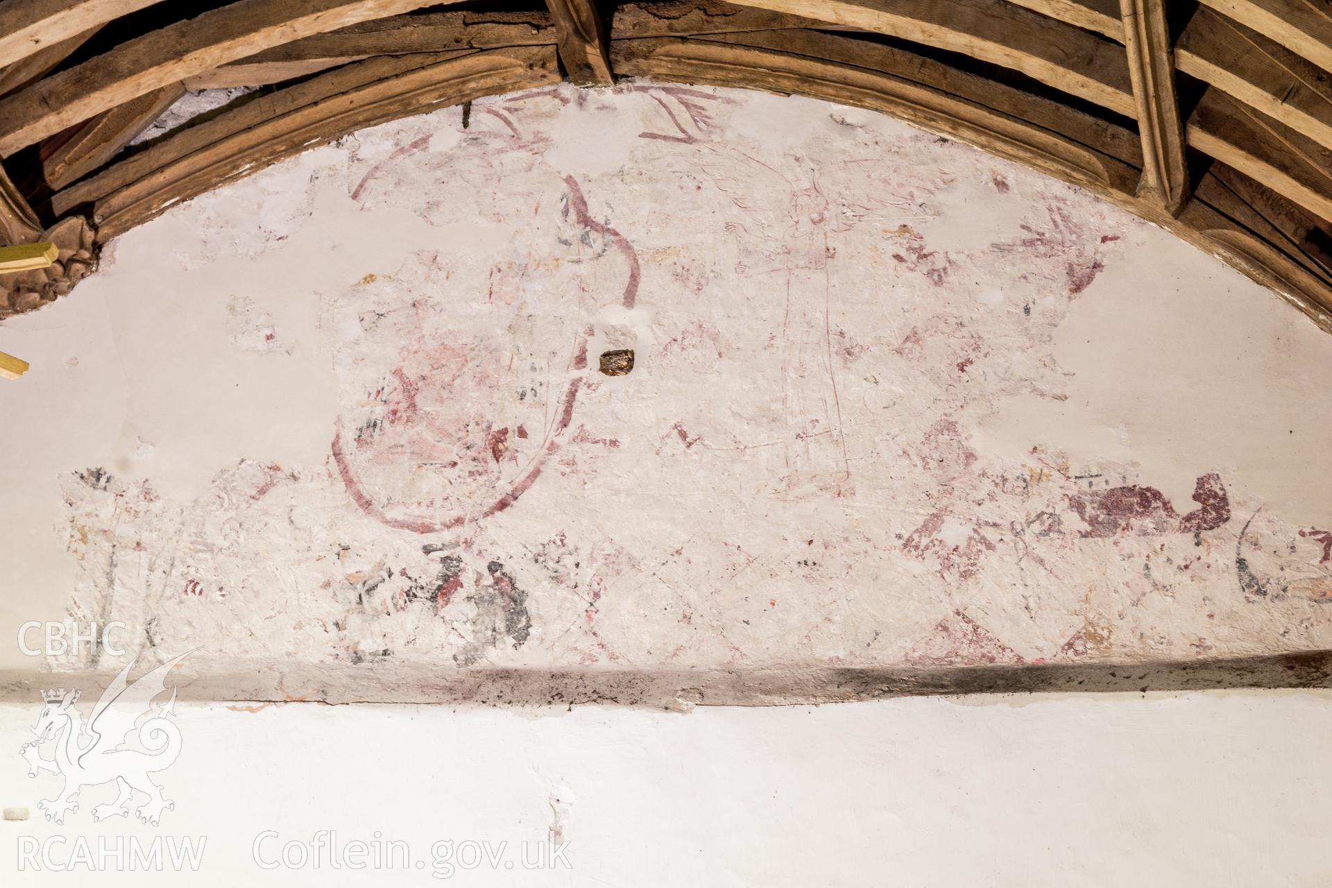 Wallpainting above chancel arch awaiting conservation at St Cadoc’s Church, Llancarfan. RCAHMW photograph by Martin Crampin, 30 April 2021. As published in the RCAHMW volume, 'Temlau Peintiedig: Murluniau a Chroglenni yn Eglwysi Cymru, 1200–1800 / Painted Temples: Wallpaintings and Rood-screens in Welsh Churches, 1200–1800'. Figure 4.5b, page 153.