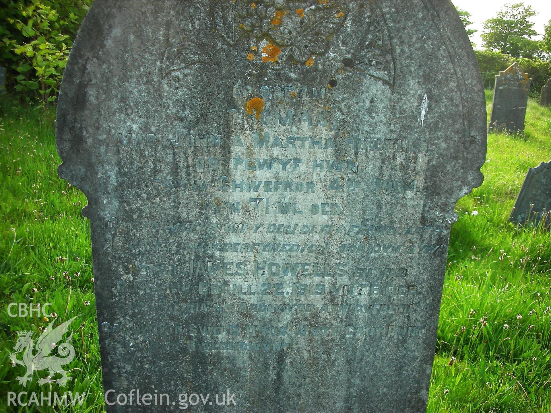 'Unusual headstone at Bwlchgwynt. The deceased let it be known they had left £800 to the Chapel by inscribing it on the headstone itself: GADAWODD SWM O DROS WYTH CANT PUNT (LEFT A SUM OF OVER EIGHT HUNDRED POUNDS).' Photographed by Keith Bowen in 2010
