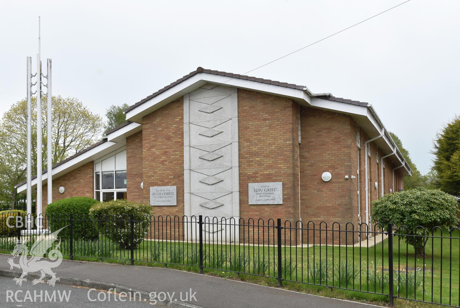 Exterior view showing side elevation of the Church of Jesus Christ of Latter Day Saints, Cwmbran, photographed by Susan Fielding of RCAHMW on 1 May 2021