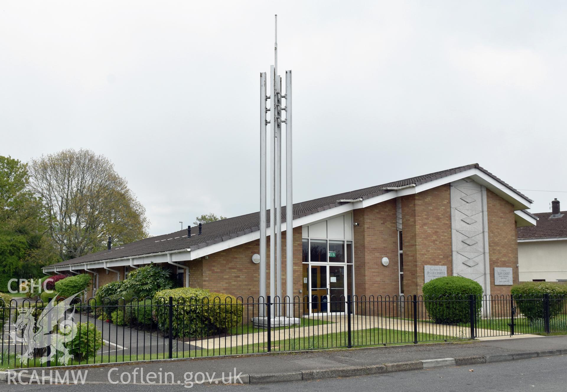 Exterior view showing side and front elevations of the Church of Jesus Christ of Latter Day Saints, Cwmbran, photographed by Susan Fielding of RCAHMW on 1 May 2021