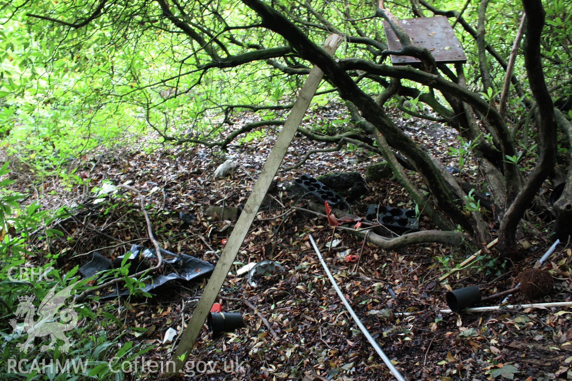 Colour digital image showing example of fly-tipped rubbish and litter around the Motte. At Morganstown Motte, Radyr. From a Cambrian Archaeological Projects assessment survey by Dr Amelia Pannett (CAP Report 592)